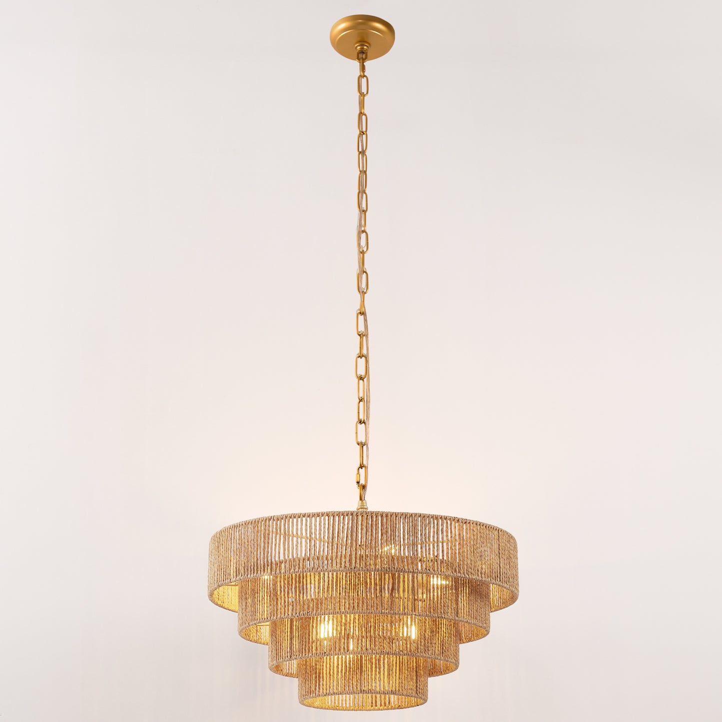 20in. 6-Light Hand Woven Rattan Pendant Light, Boho Brown Large Farmhouse Chandelier 4-Tier Rattan Shade for Living Room
