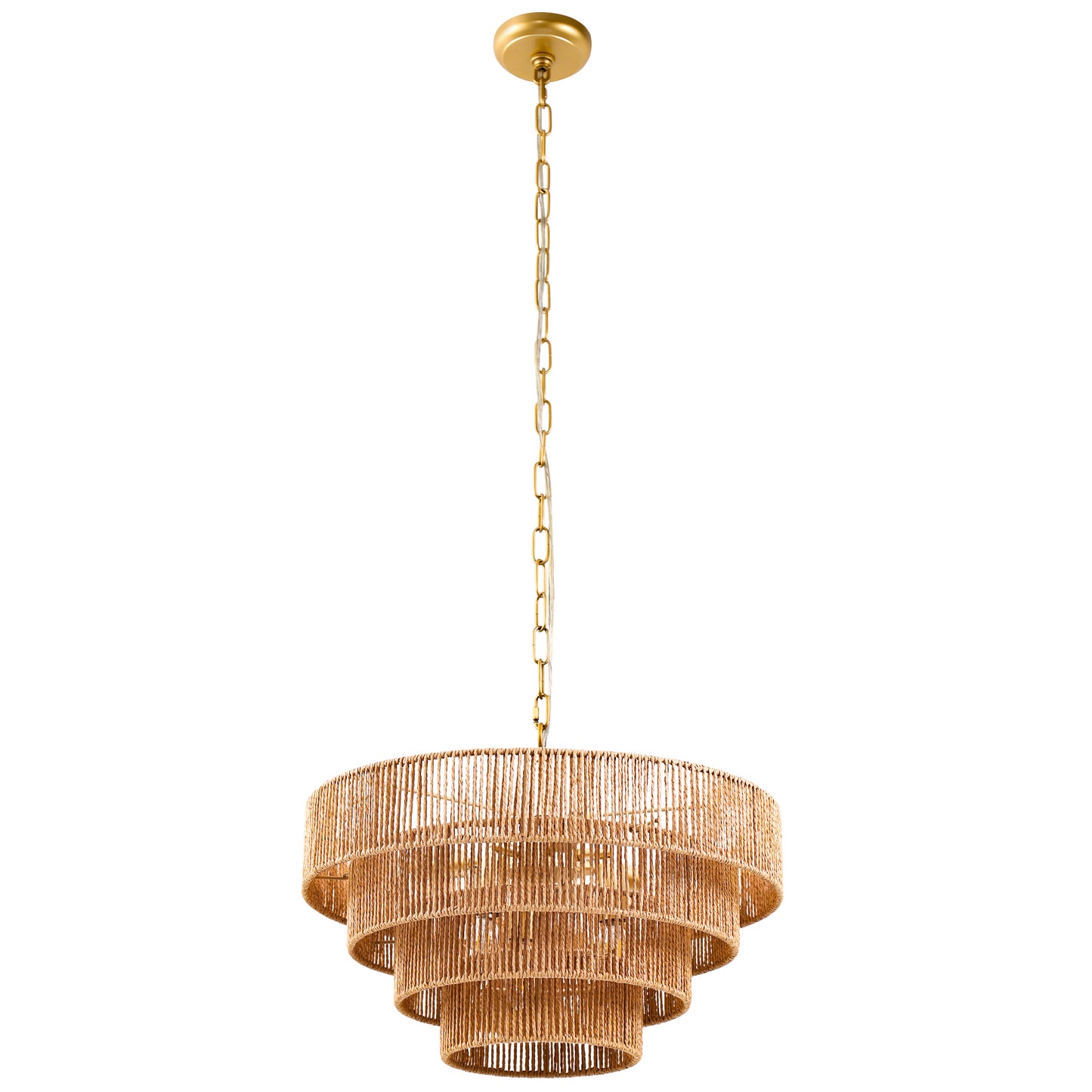 20in. 6-Light Hand Woven Rattan Pendant Light, Boho Brown Large Farmhouse Chandelier 4-Tier Rattan Shade for Living Room