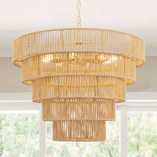 26 in. 8-Light Boho Brown Rattan Pendant, Affordable Brass E12 Chandelier