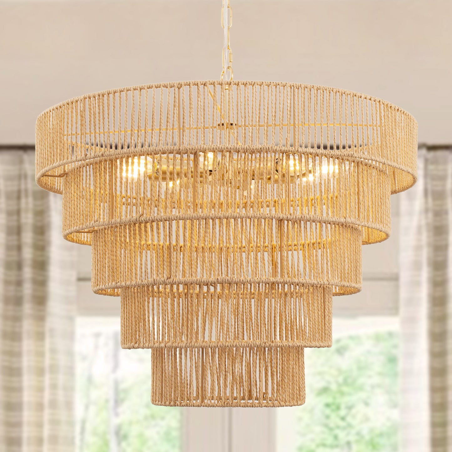 26 in. 8-Light Boho Brown Rattan Pendant, Affordable Brass E12 Chandelier
