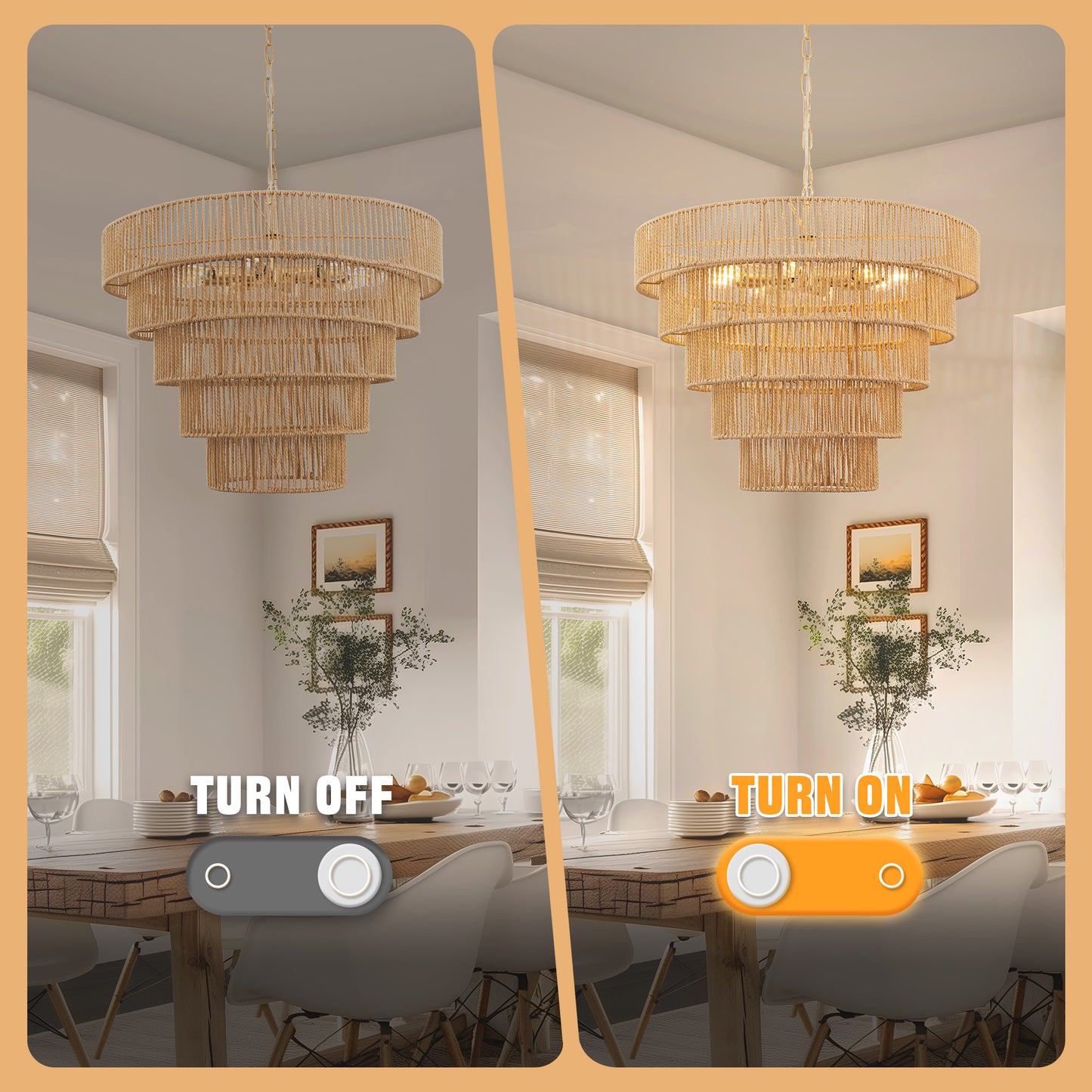 26 in. 8-Light Boho Brown Rattan Pendant, Affordable Brass E12 Chandelier
