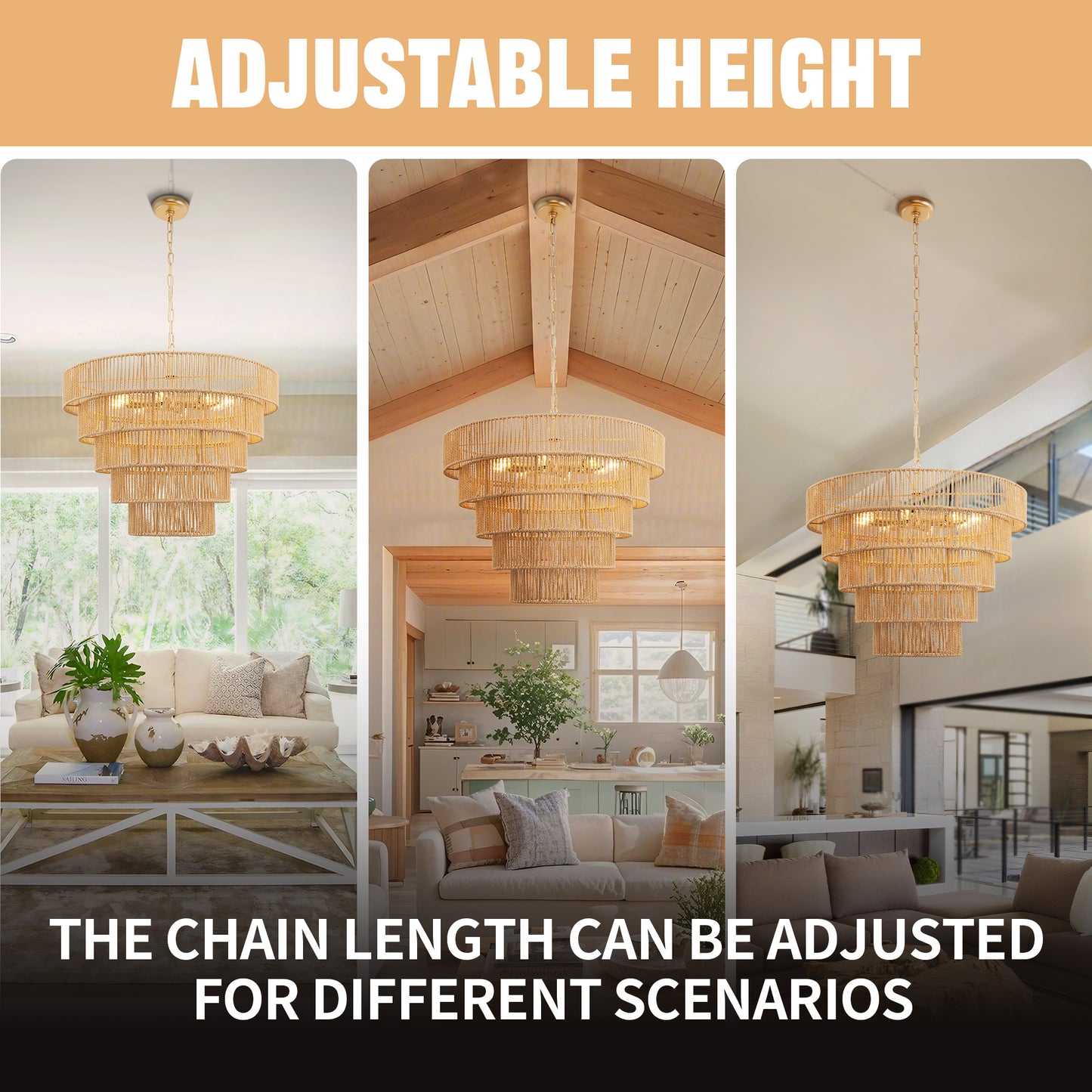 26 in. 8-Light Boho Brown Rattan Pendant, Affordable Brass E12 Chandelier