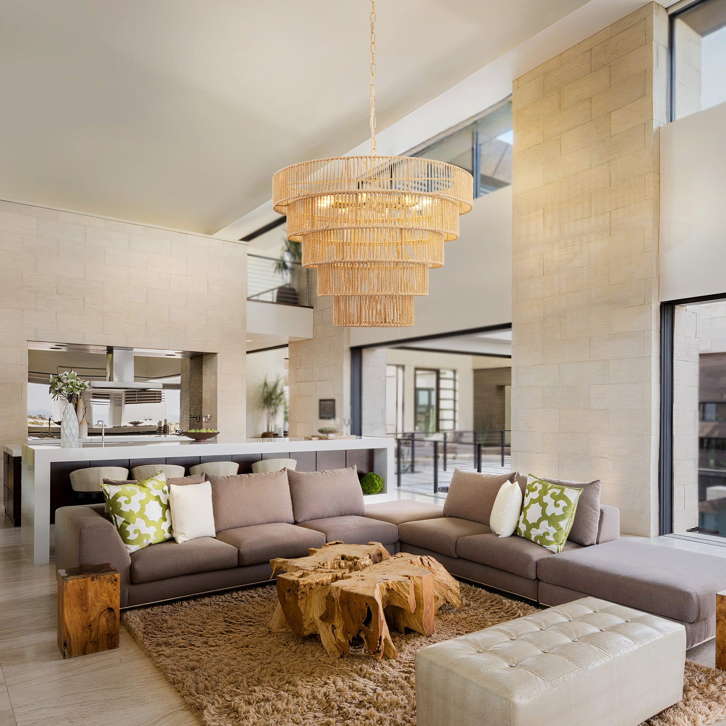 26 in. 8-Light Boho Brown Rattan Pendant, Affordable Brass E12 Chandelier