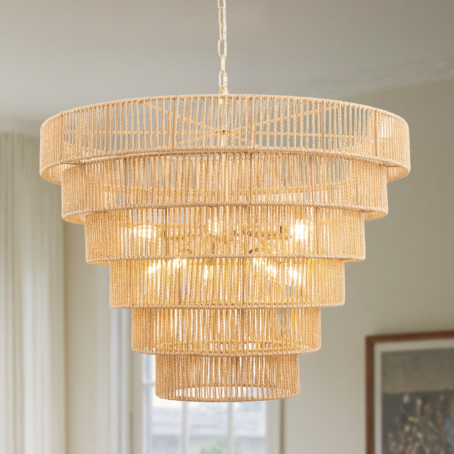 YANSUN 70.0 in. Farmhouse 12-Light Boho Gold Drum Chandelier with 5-Tier Design Rattan Shades, No Light Bulbs Included
