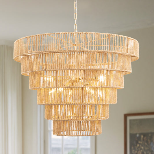 YANSUN 70.0 in. Farmhouse 12-Light Boho Gold Drum Chandelier with 5-Tier Design Rattan Shades, No Light Bulbs Included