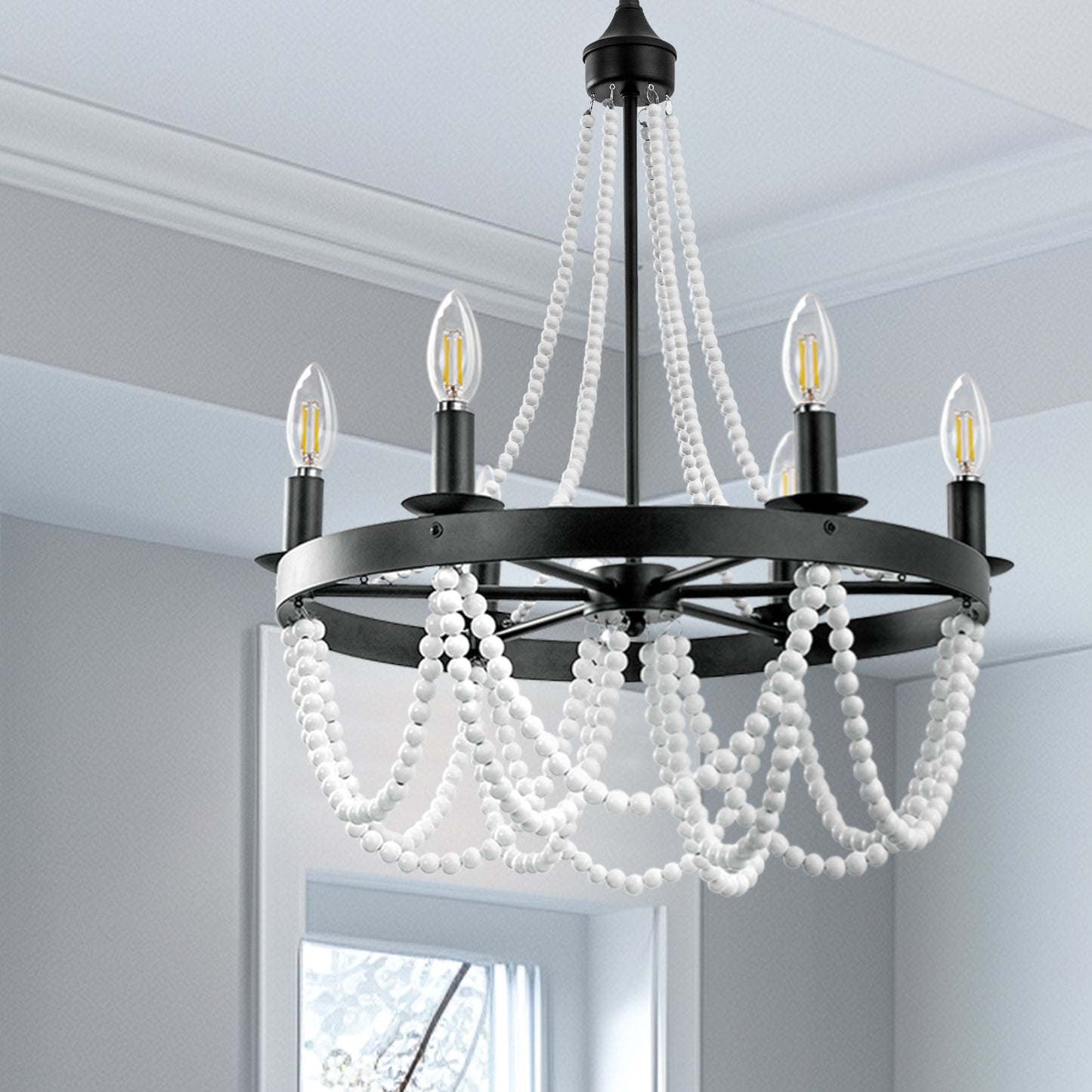 6-Light Matte Black Chandelier with White Wood Beads for Dining Rooms and Entryways