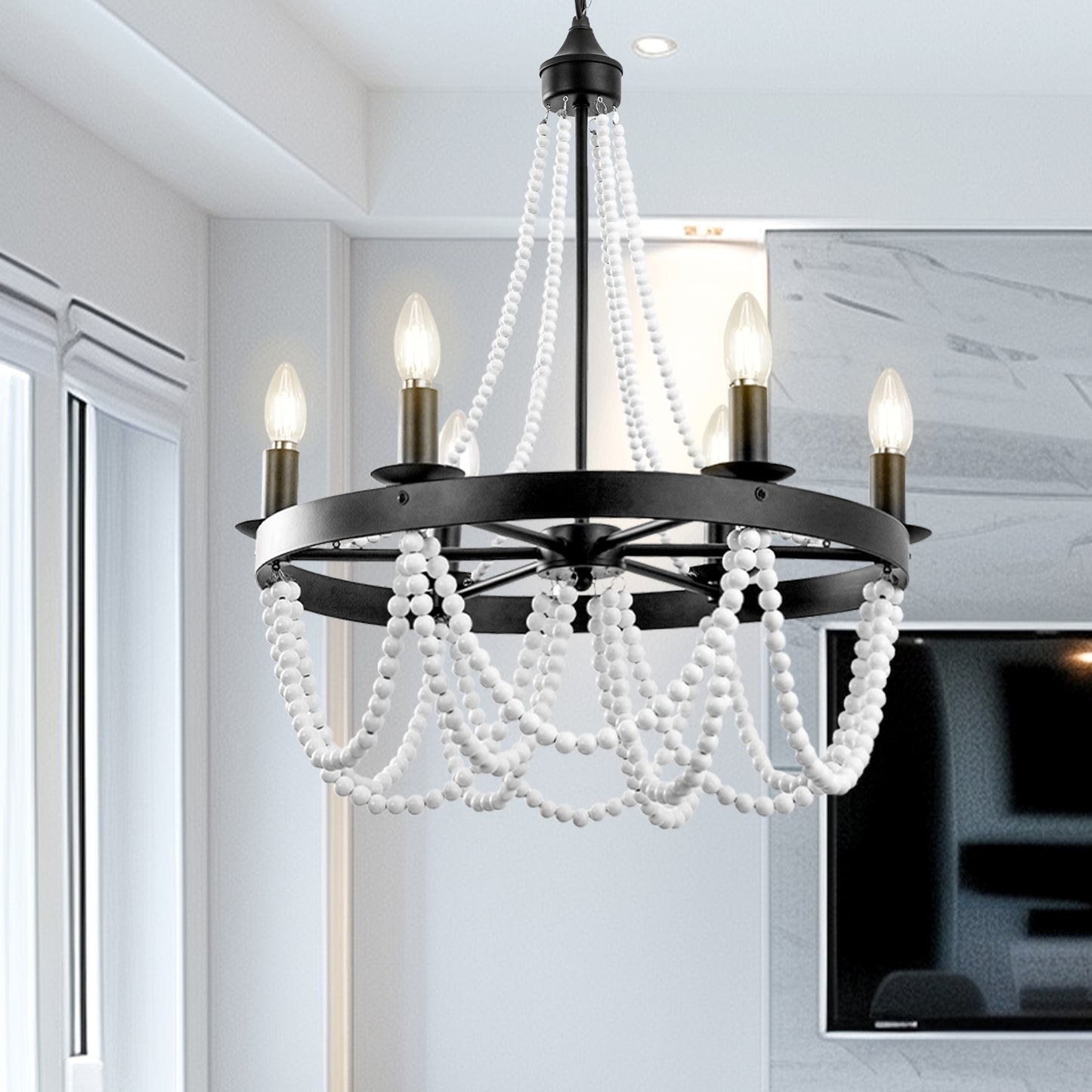 6-Light Matte Black Chandelier with White Wood Beads for Dining Rooms and Entryways