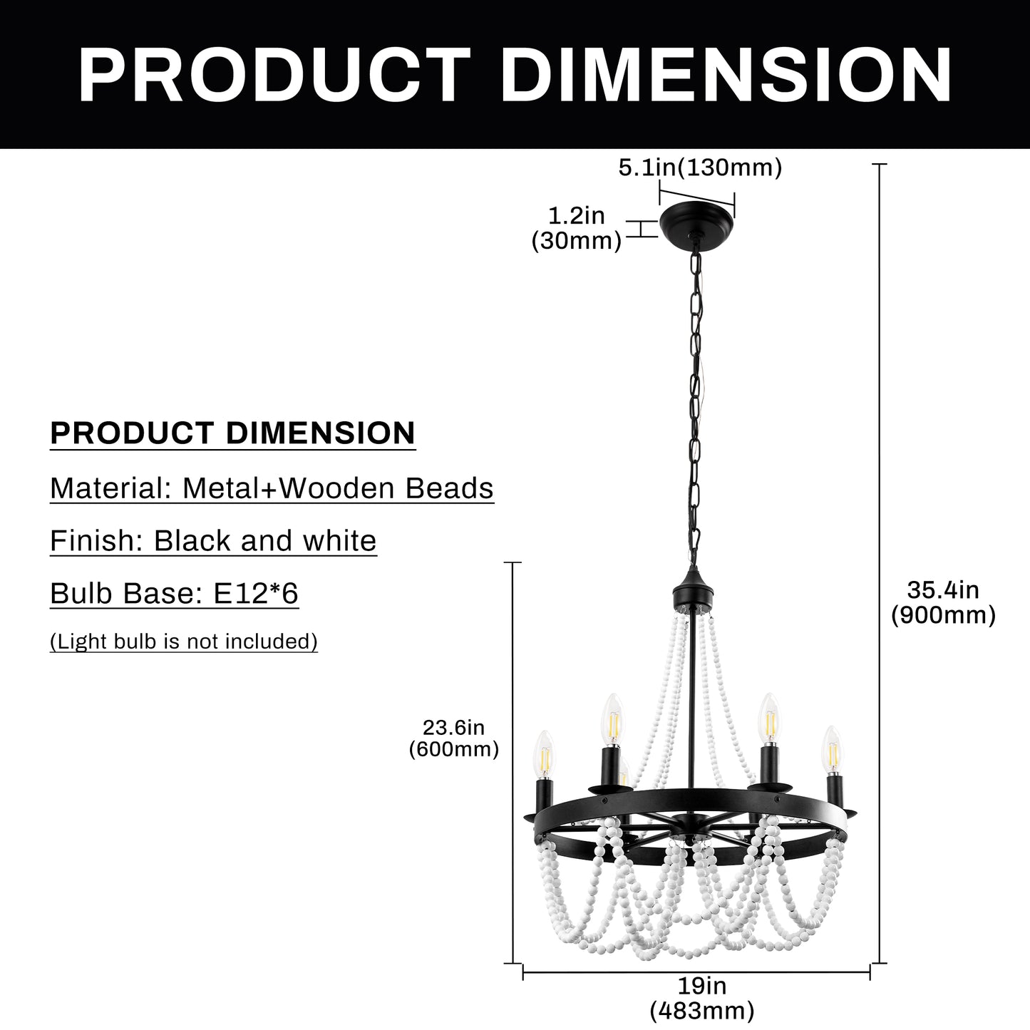 6-Light Matte Black Chandelier with White Wood Beads for Dining Rooms and Entryways