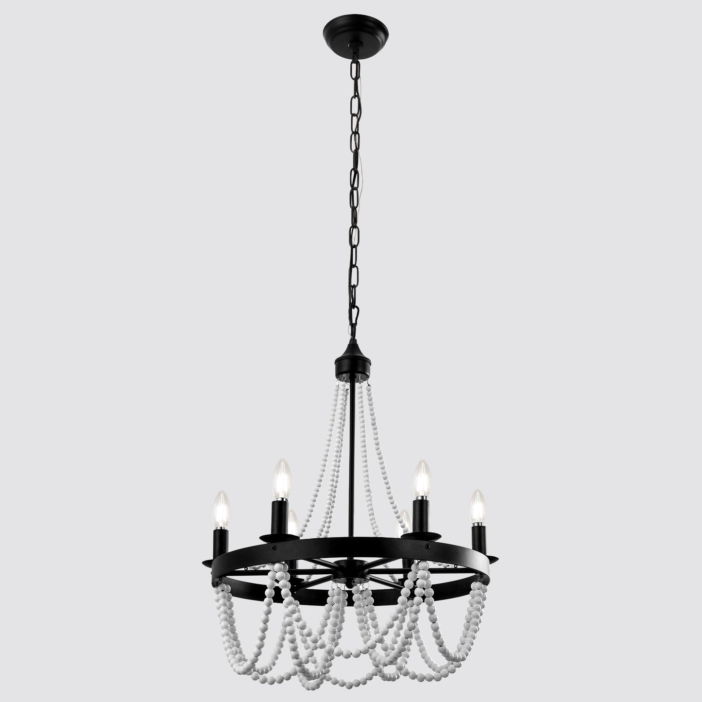 6-Light Matte Black Chandelier with White Wood Beads for Dining Rooms and Entryways
