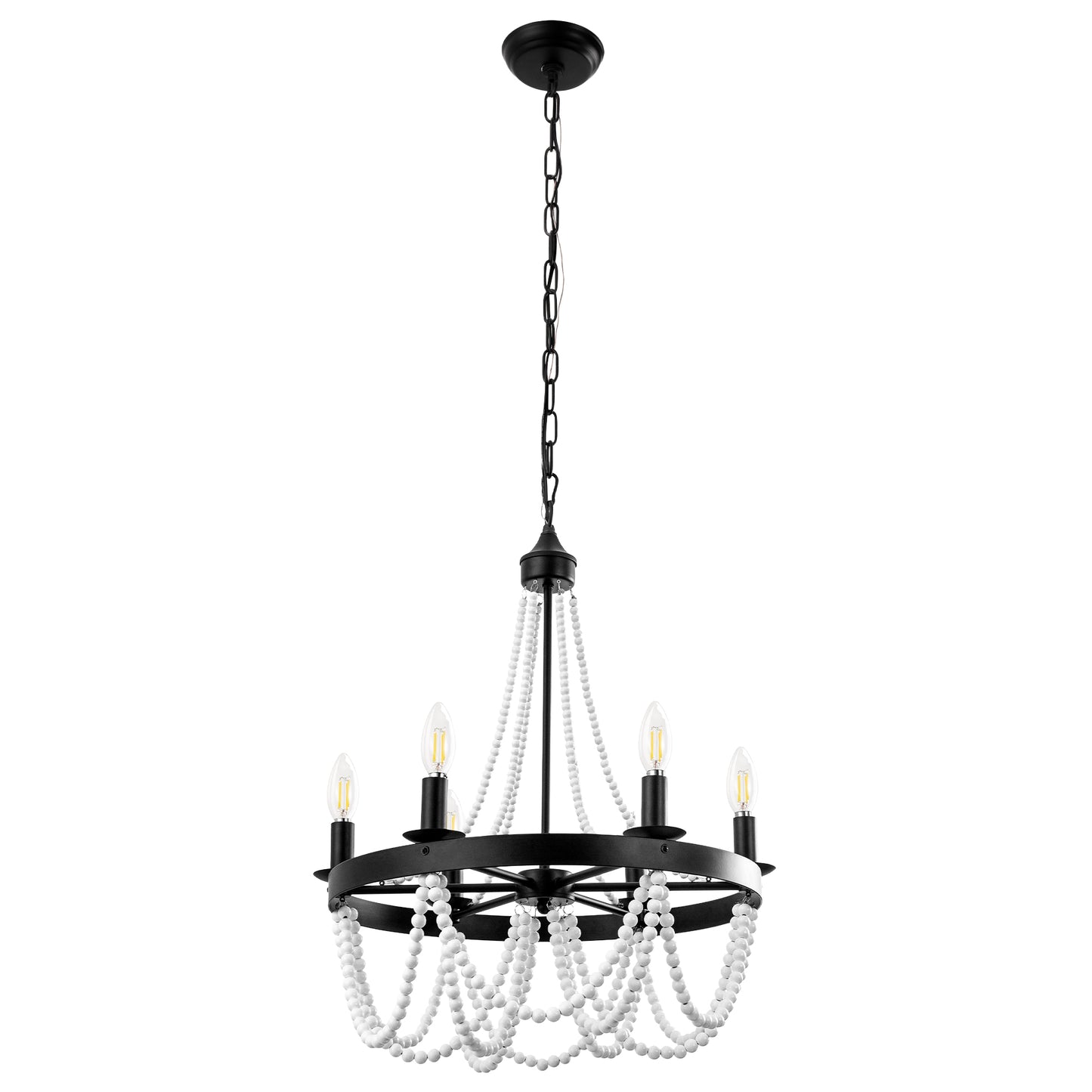 6-Light Matte Black Chandelier with White Wood Beads for Dining Rooms and Entryways