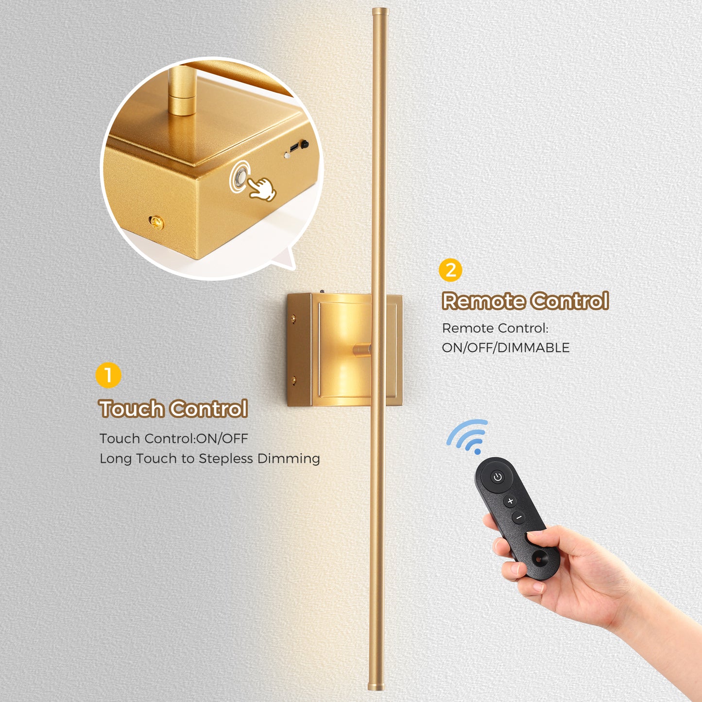 350° Rotate Gold Dimmable Wireless Integrated LED Wall Sconce with Remote, Sconce Wall Decor for Living Room(2-Pack)