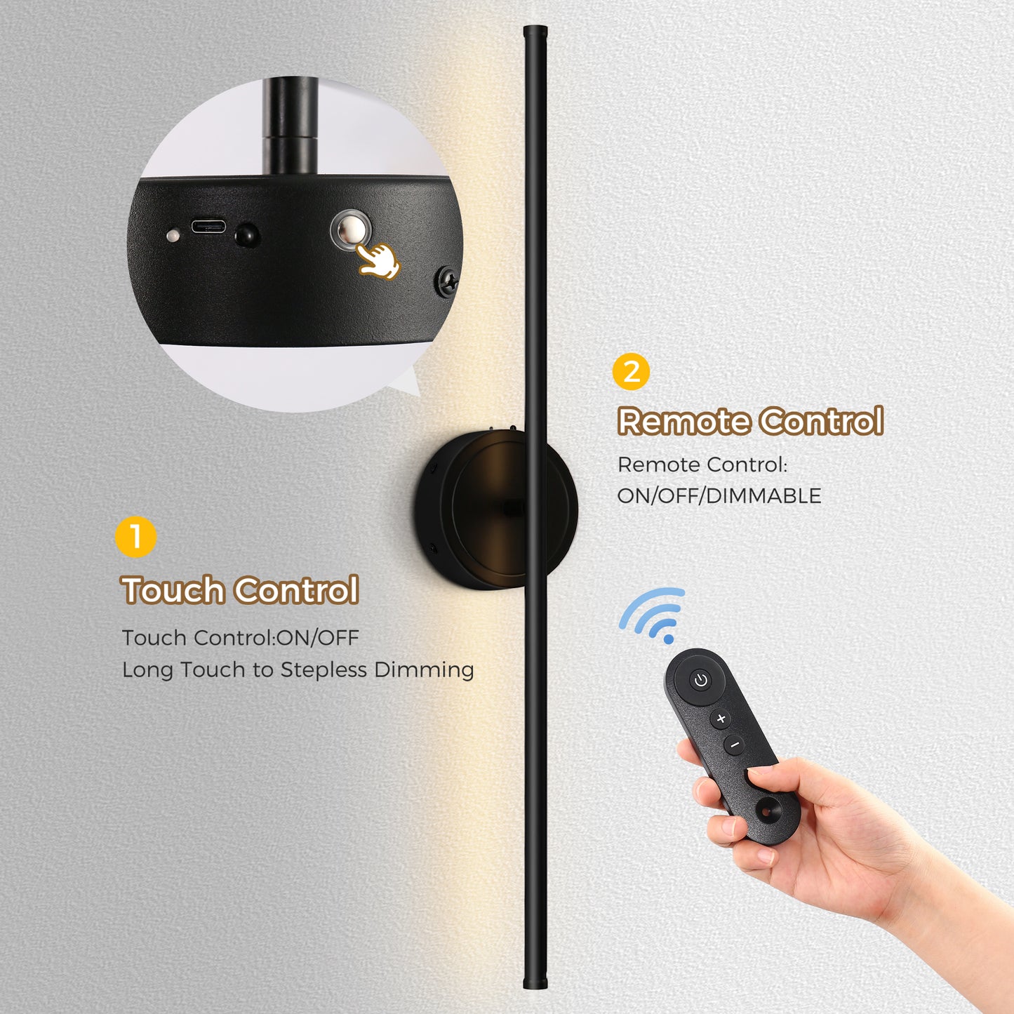 350° Rotate Black Dimmable Wireless Integrated LED Wall Sconce with Remote, Sconce Wall Decor for Living Room(2-Pack)