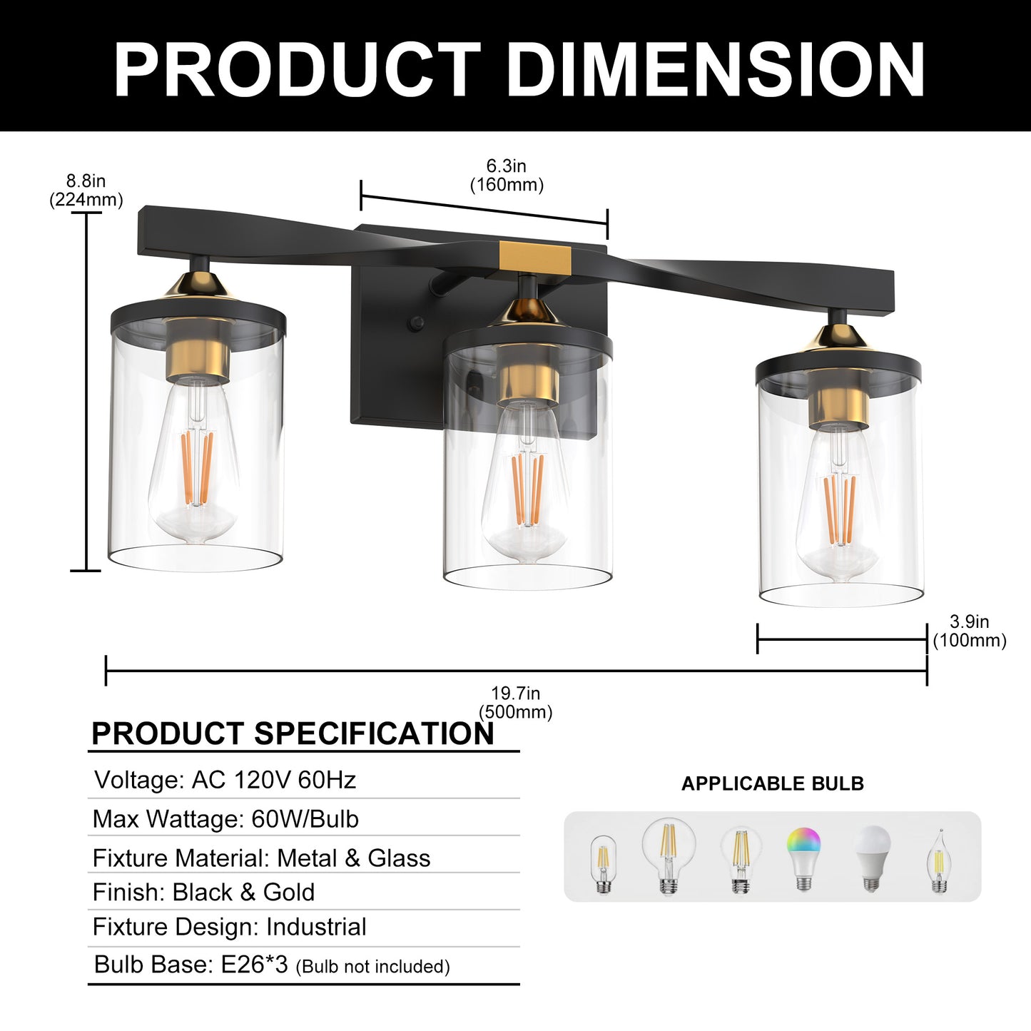 20 in. 3-Light Black and Gold Bathroom Vanity Light Fixtures Over Mirror, Ideal for Bathroom, Hallway, Bedroom