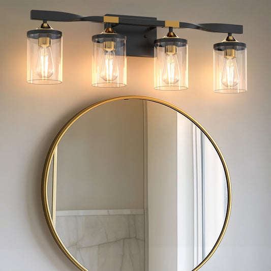 26 in. 4-Light Black and Gold Vanity Light with Clear Glass Shades for Bathroom