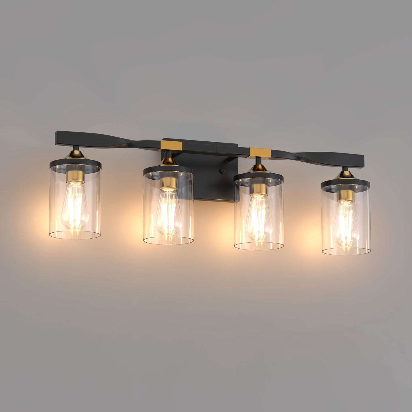 26 in. 4-Light Black and Gold Vanity Light with Clear Glass Shades for Bathroom