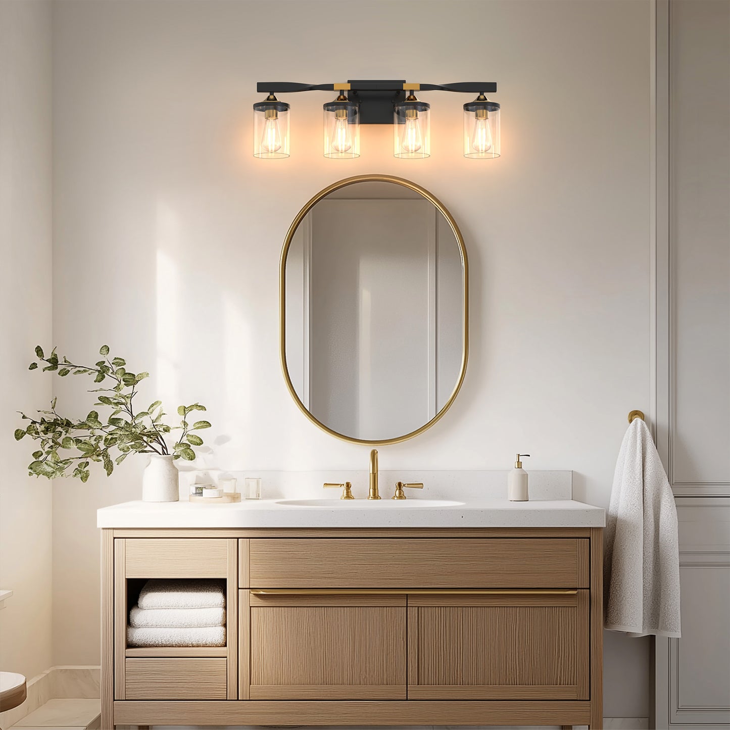 26 in. 4-Light Black and Gold Vanity Light with Clear Glass Shades for Bathroom