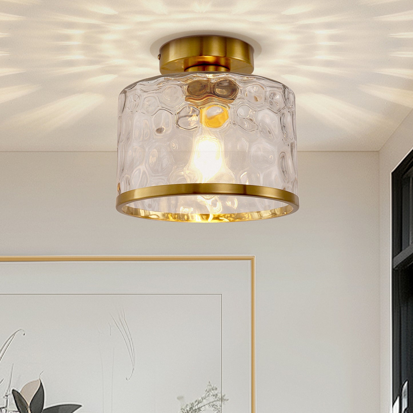 9 in. 1-Light Gold Modern Semi Flush Mount Ceiling Light Industrial Clear Water Glass for Hallway Kitchen Bathroom