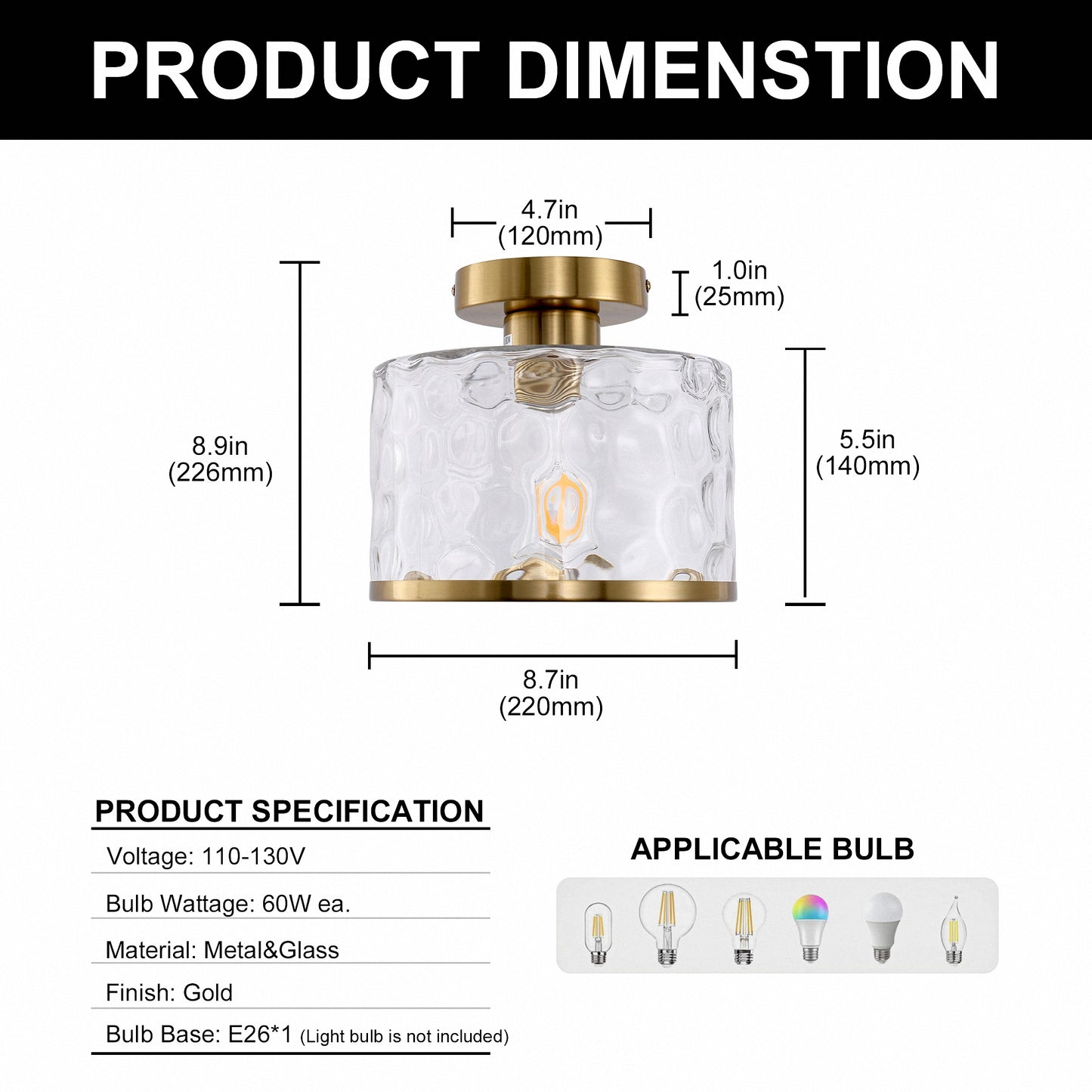 9 in. 1-Light Gold Modern Semi Flush Mount Ceiling Light Industrial Clear Water Glass for Hallway Kitchen Bathroom