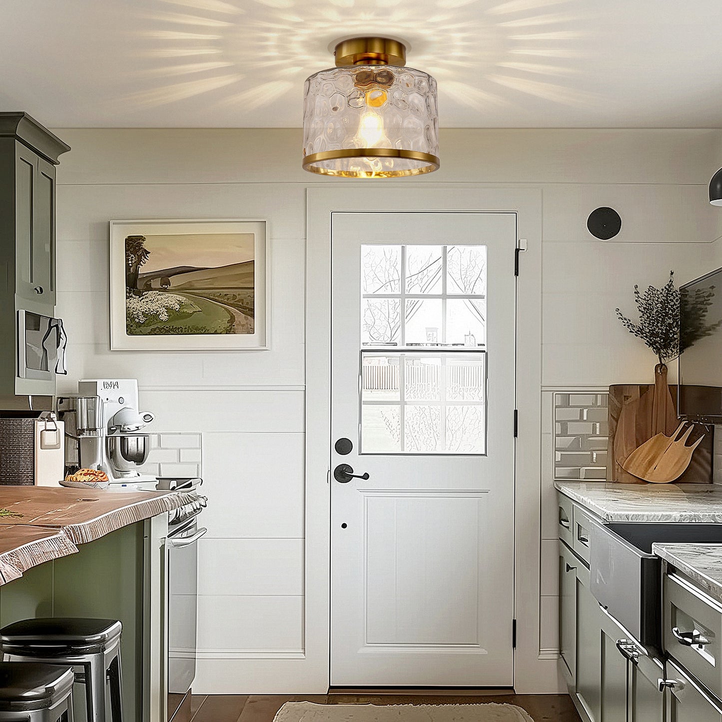 9 in. 1-Light Gold Modern Semi Flush Mount Ceiling Light Industrial Clear Water Glass for Hallway Kitchen Bathroom