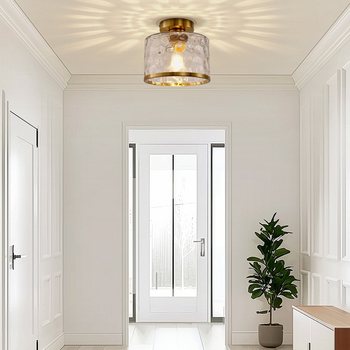 9 in. 1-Light Gold Modern Semi Flush Mount Ceiling Light Industrial Clear Water Glass for Hallway Kitchen Bathroom