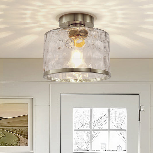 9 in. 1-Light Brushed Nickel Semi Flush Mount Ceiling Light Industrial Clear Water Glass for Hallway Kitchen Bathroom