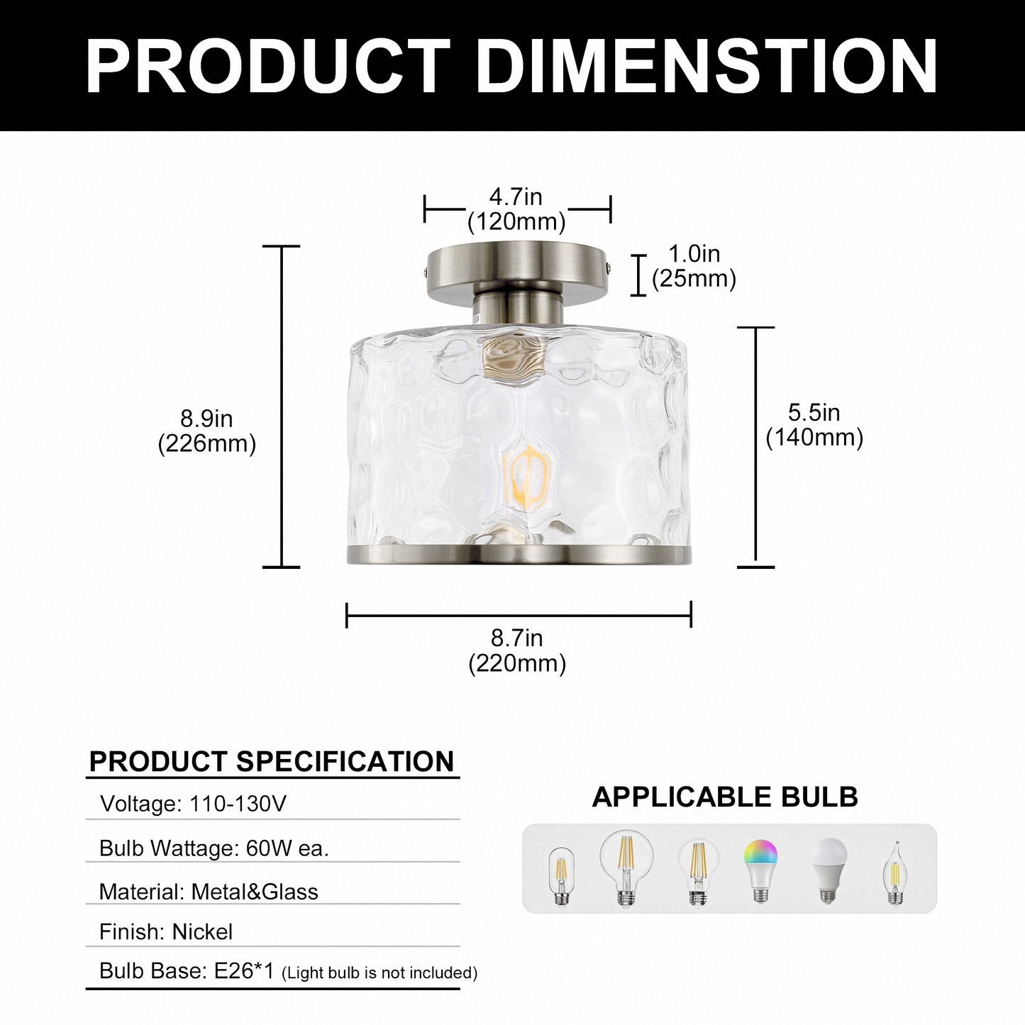 9 in. 1-Light Brushed Nickel Semi Flush Mount Ceiling Light Industrial Clear Water Glass for Hallway Kitchen Bathroom