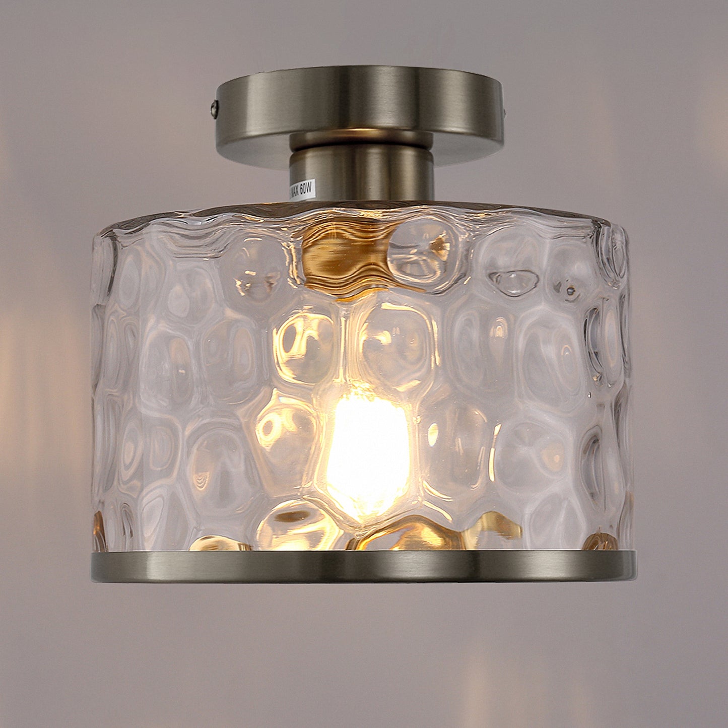 9 in. 1-Light Brushed Nickel Semi Flush Mount Ceiling Light Industrial Clear Water Glass for Hallway Kitchen Bathroom