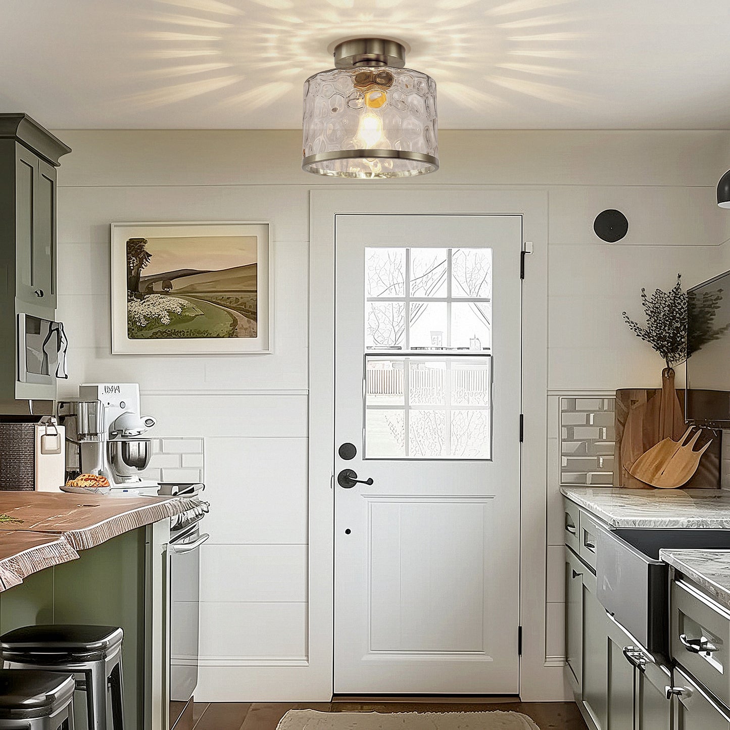 9 in. 1-Light Brushed Nickel Semi Flush Mount Ceiling Light Industrial Clear Water Glass for Hallway Kitchen Bathroom