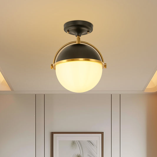 10 in. 1-Light Modern Semi-Flush Mount Ceiling Light with Black and Brass Finish for Living Room, Bedroom
