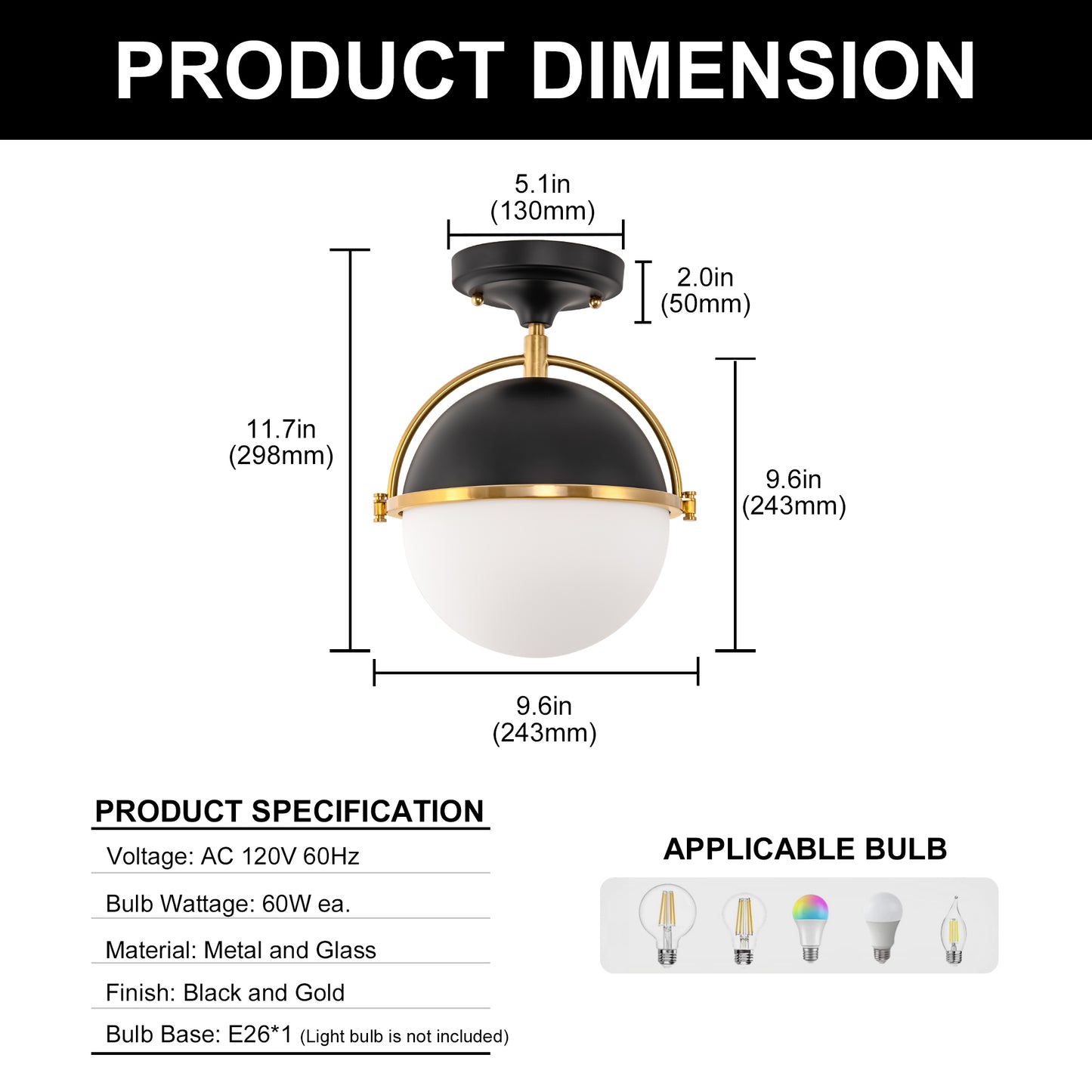 10 in. 1-Light Modern Semi-Flush Mount Ceiling Light with Black and Brass Finish for Living Room, Bedroom