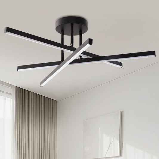 Black LED Chandelier 3-Light Modern Semi Flush Mount Ceiling Light 3000K Sputnik Light for Living Room Bedroom Foyer