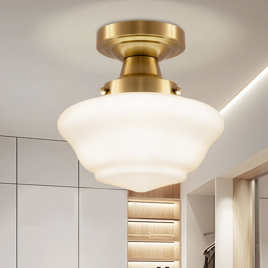 9 in. Rustic Farmhouse Schoolhouse Ceiling Light, Brass Finish with Frosted Glass Shade for Kitchen, Hallway, Bathroom