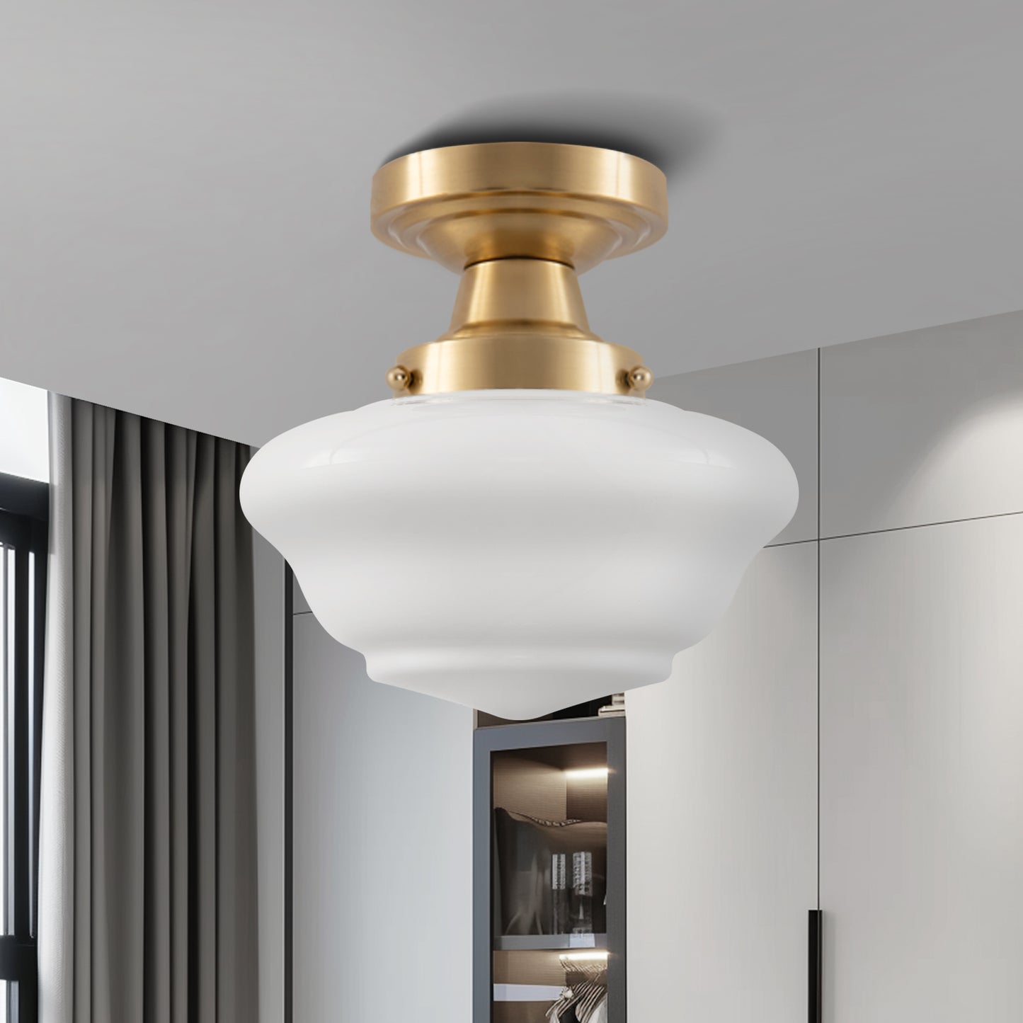 9 in. Rustic Farmhouse Schoolhouse Ceiling Light, Brass Finish with Frosted Glass Shade for Kitchen, Hallway, Bathroom