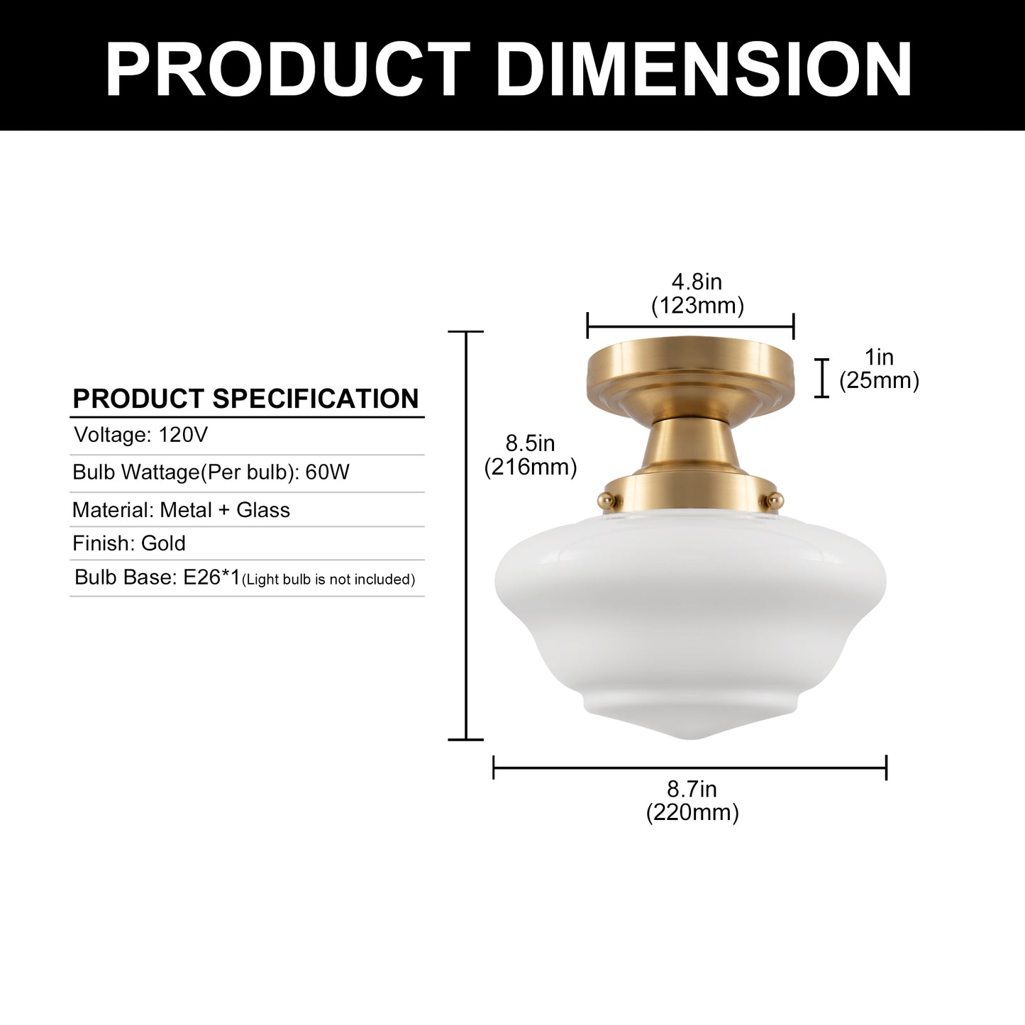 9 in. Rustic Farmhouse Schoolhouse Ceiling Light, Brass Finish with Frosted Glass Shade for Kitchen, Hallway, Bathroom