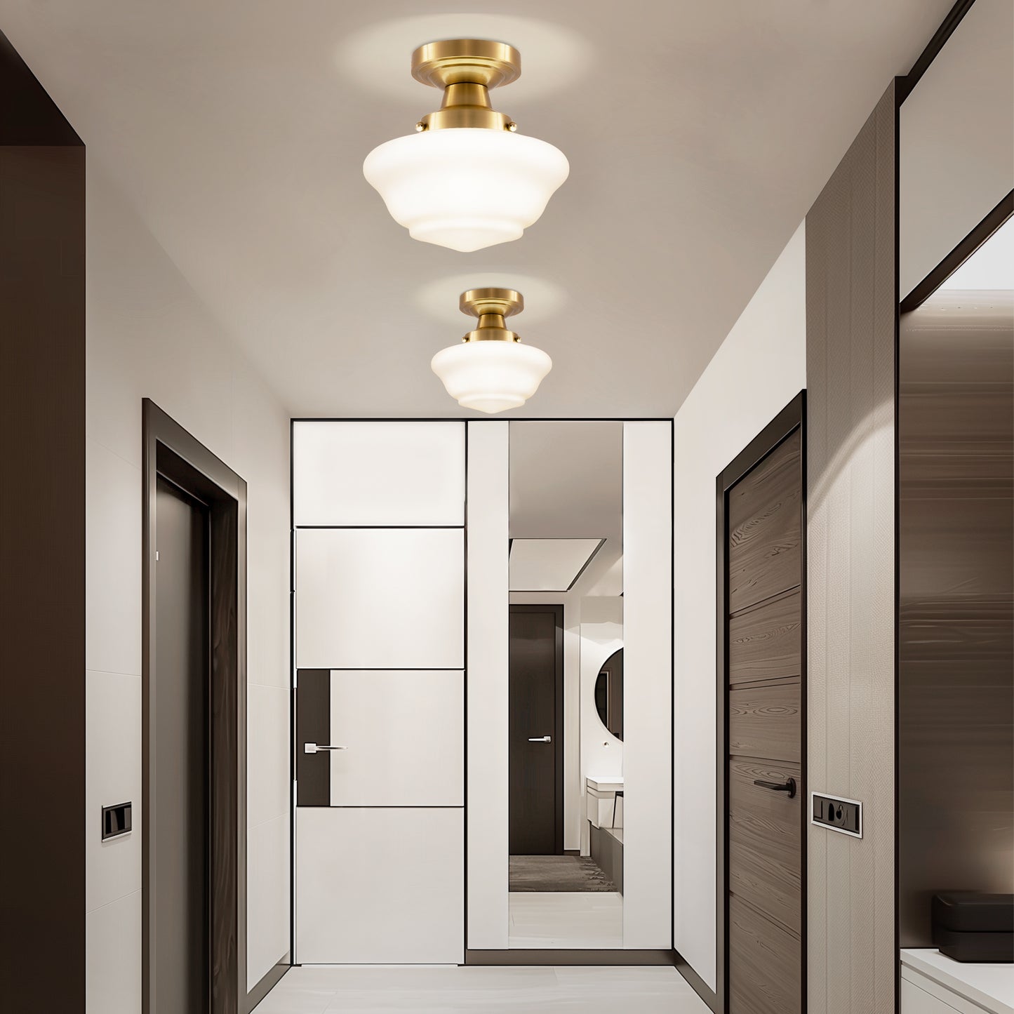 9 in. Rustic Farmhouse Schoolhouse Ceiling Light, Brass Finish with Frosted Glass Shade for Kitchen, Hallway, Bathroom