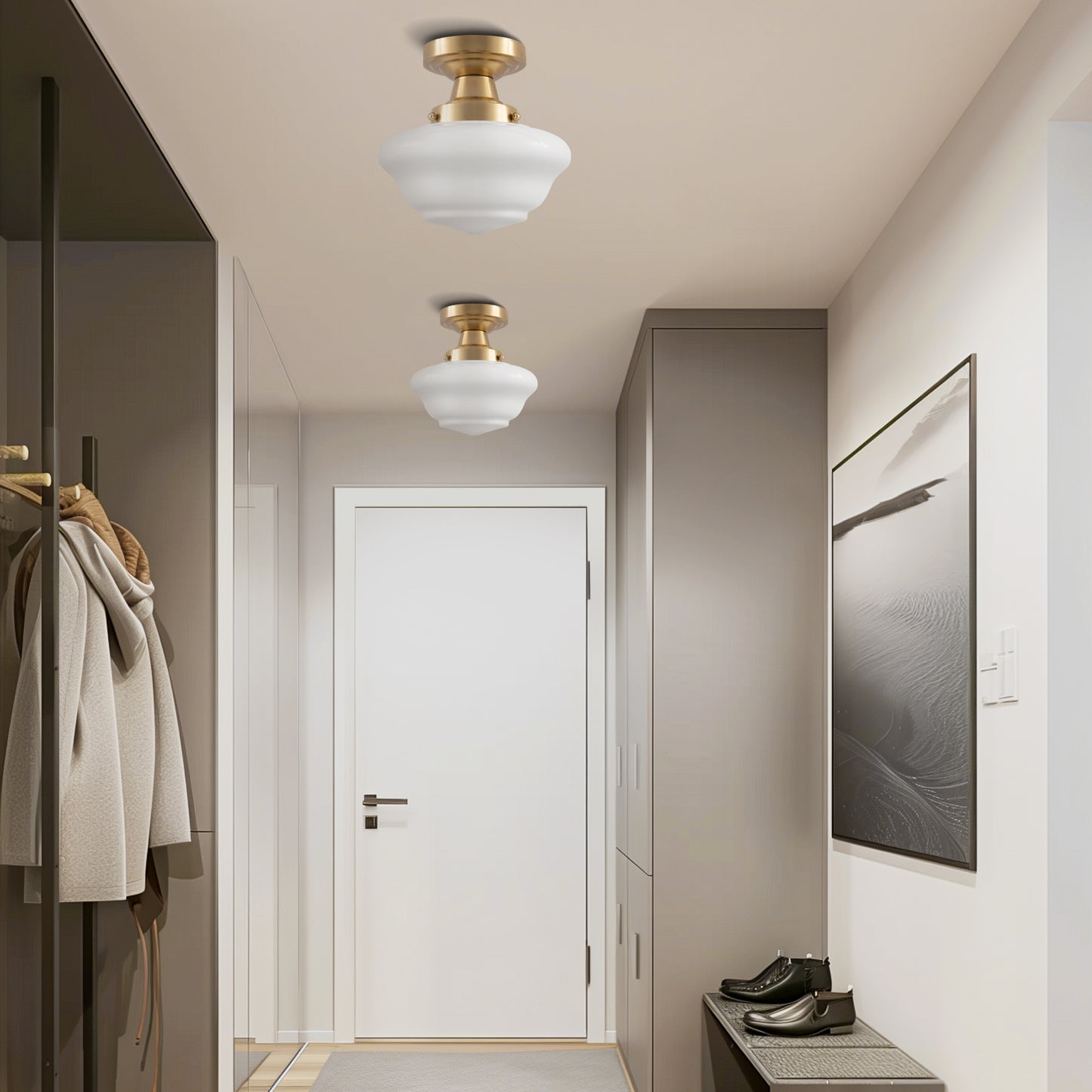 9 in. Rustic Farmhouse Schoolhouse Ceiling Light, Brass Finish with Frosted Glass Shade for Kitchen, Hallway, Bathroom