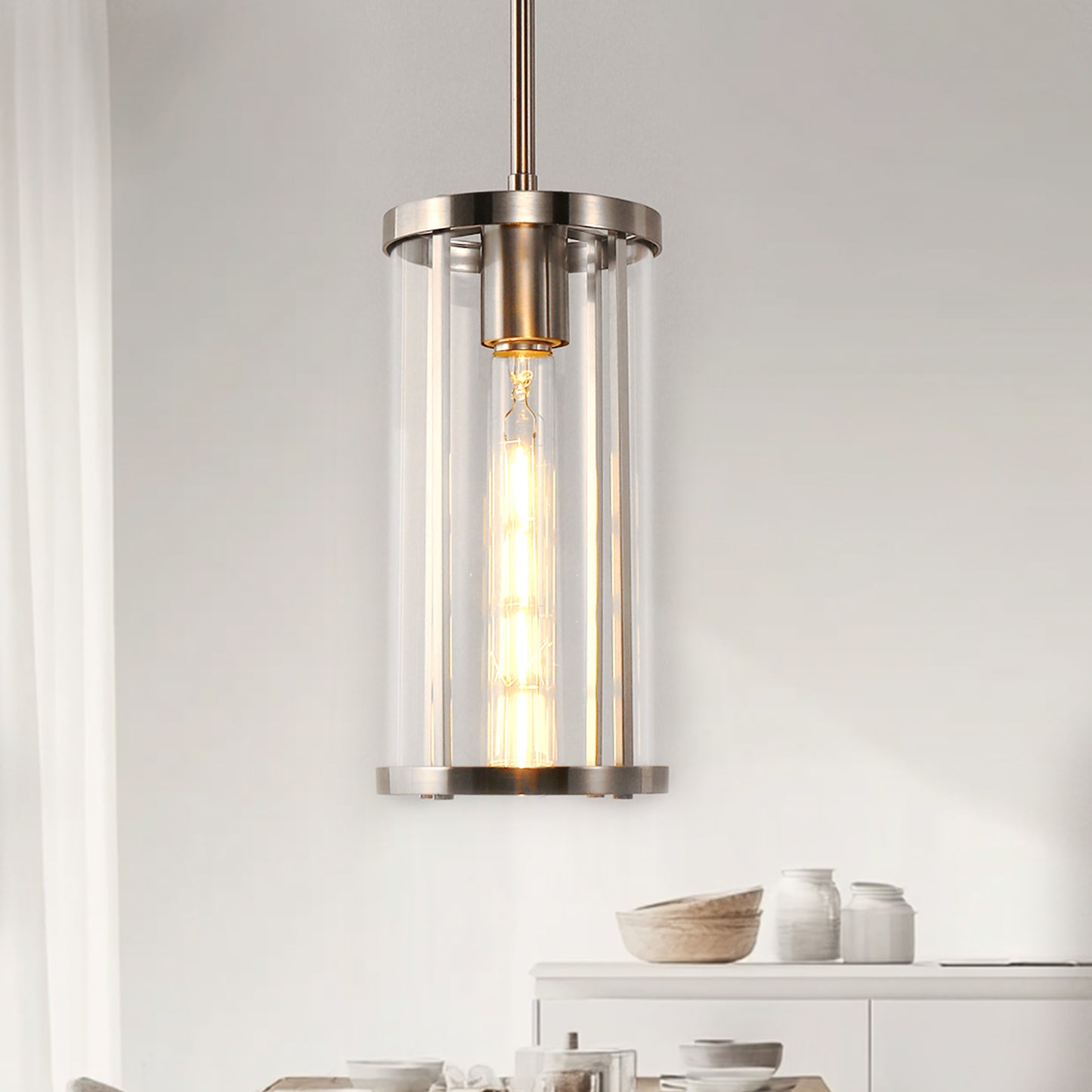 1-Light Nickel Pendant Light with Clear Glass Shade, Modern Industrial Lighting for Kitchen Island and Dining Room
