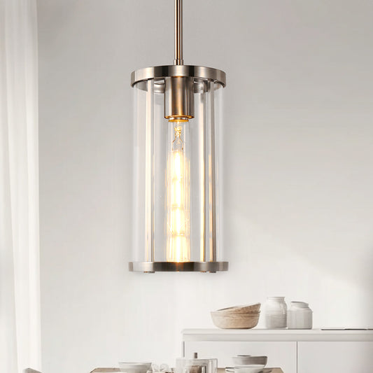 1-Light Nickel Pendant Light with Clear Glass Shade, Modern Industrial Lighting for Kitchen Island and Dining Room