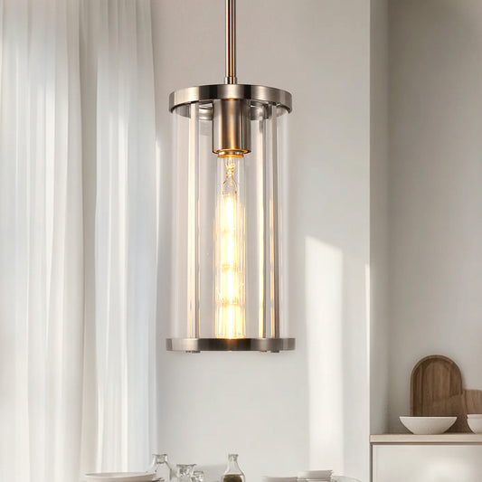 1-Light Nickel Pendant Light with Clear Glass Shade, Modern Industrial Lighting for Kitchen Island and Dining Room