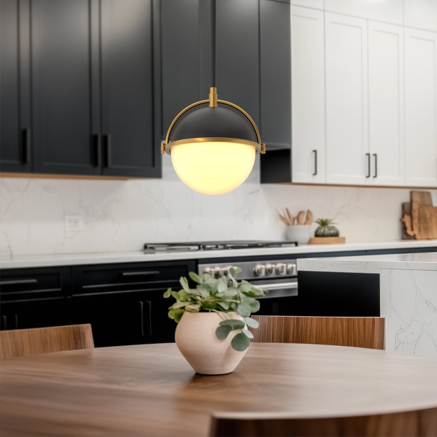 8 in. 1-Light Elegant Metal with Glass Globe Lighting, Matte Black and Gold Finishes for Kitchen Island