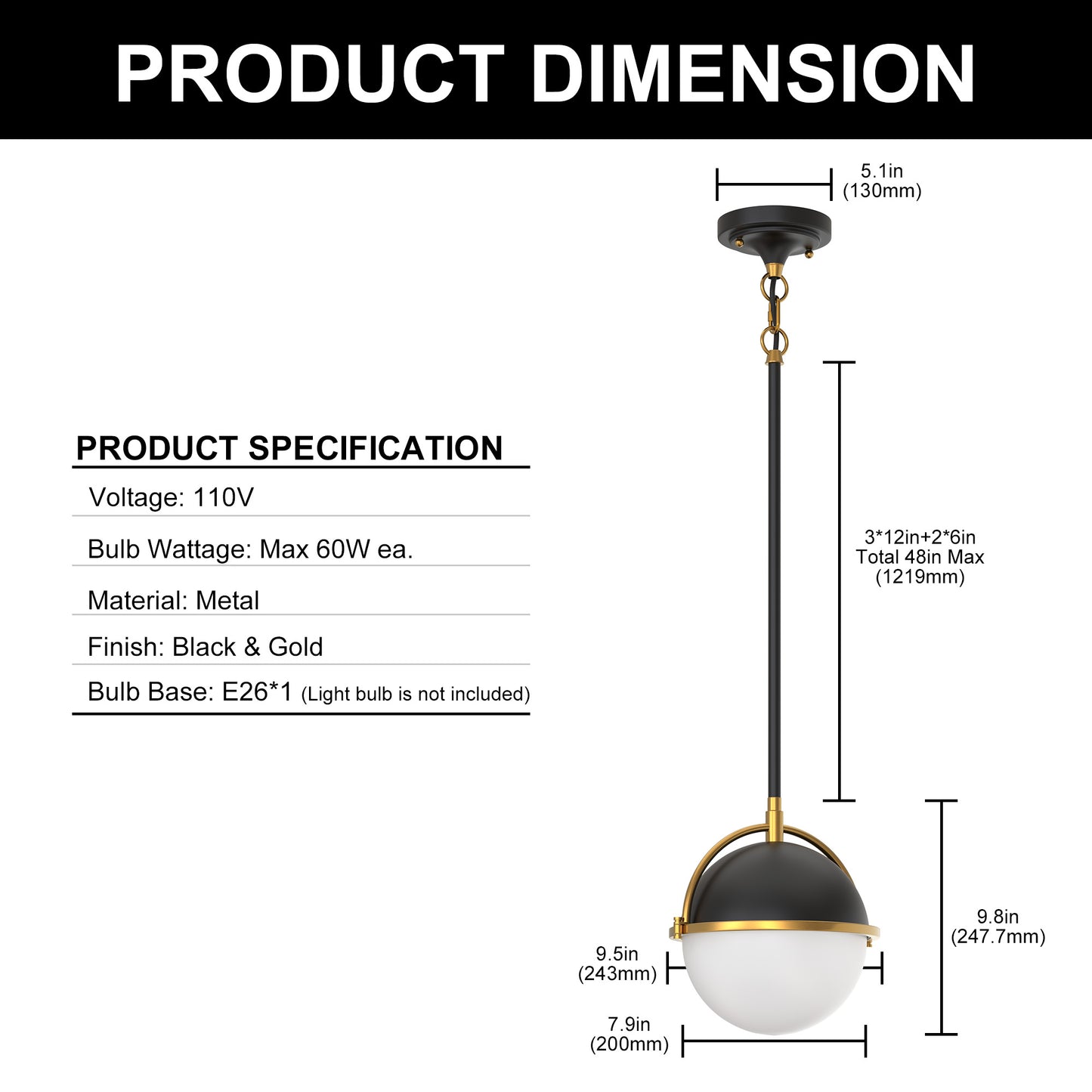 8 in. 1-Light Elegant Metal with Glass Globe Lighting, Matte Black and Gold Finishes for Kitchen Island