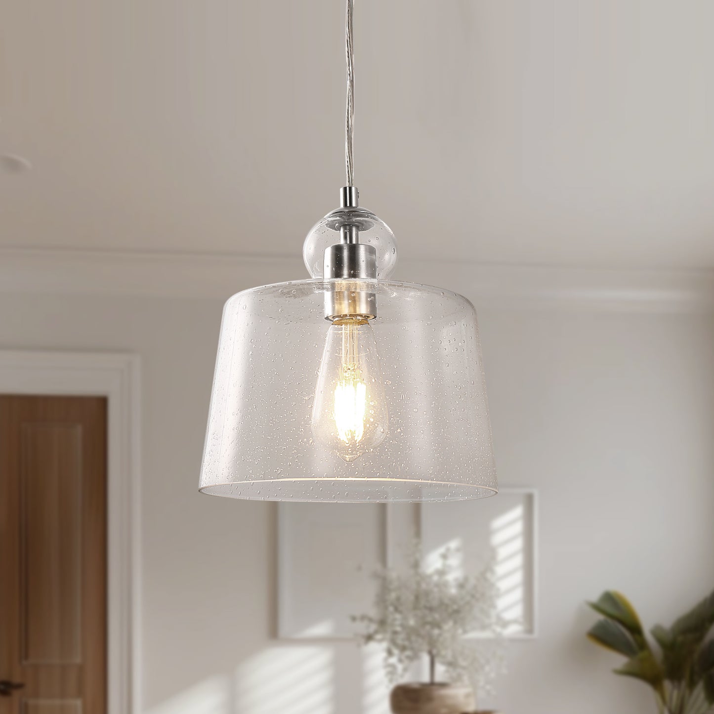 1-Light Brushed Nickel Pendant Light with Seeded Glass for Dining Rooms, Kitchen Islands, and Entryways