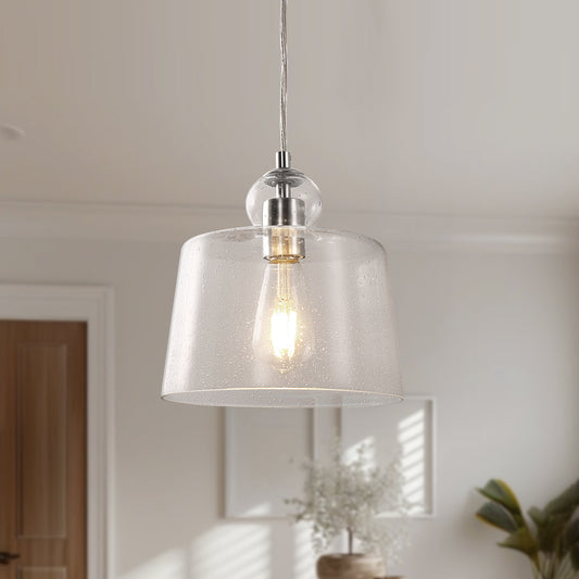1-Light Brushed Nickel Pendant Light with Seeded Glass for Dining Rooms, Kitchen Islands, and Entryways