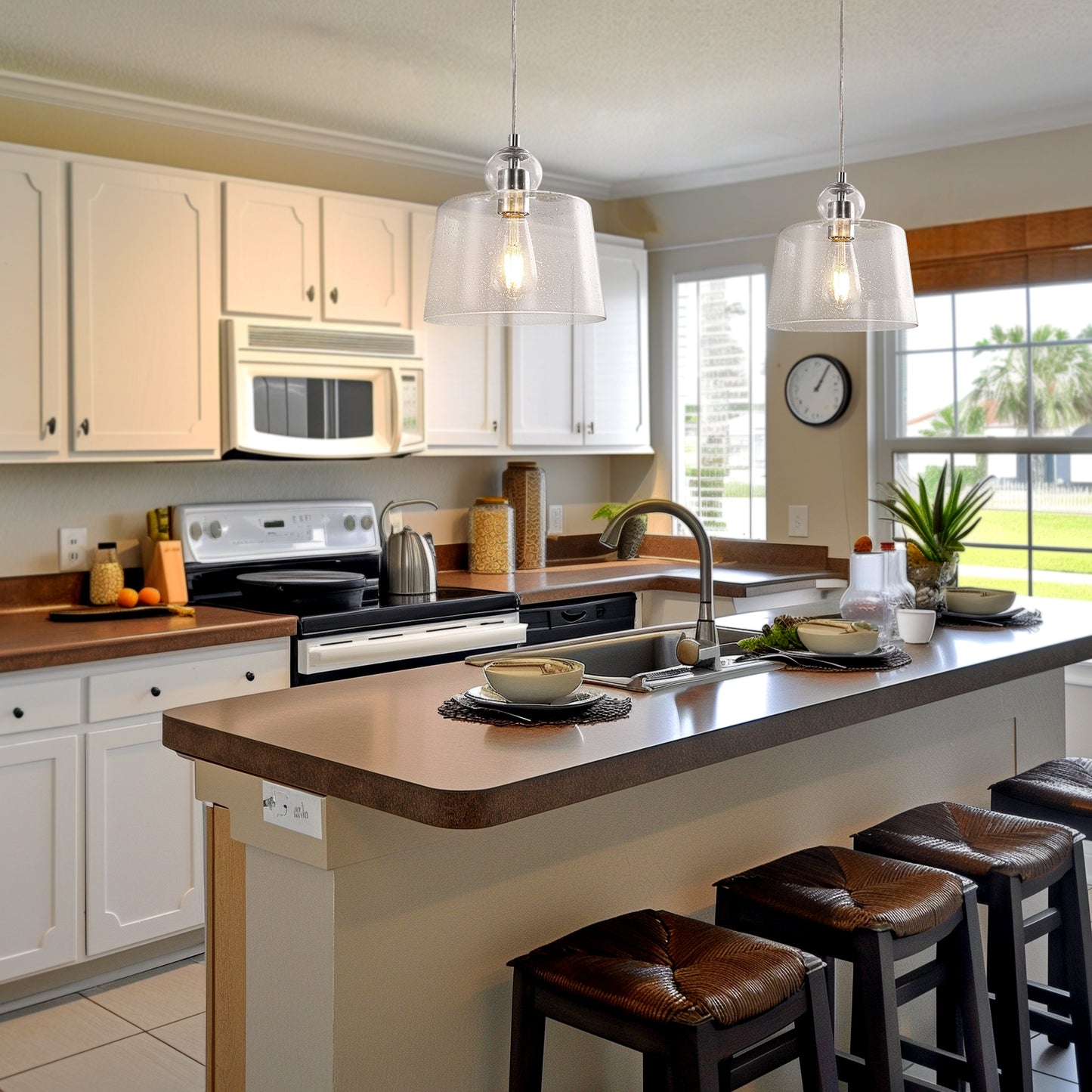 1-Light Brushed Nickel Pendant Light with Seeded Glass for Dining Rooms, Kitchen Islands, and Entryways