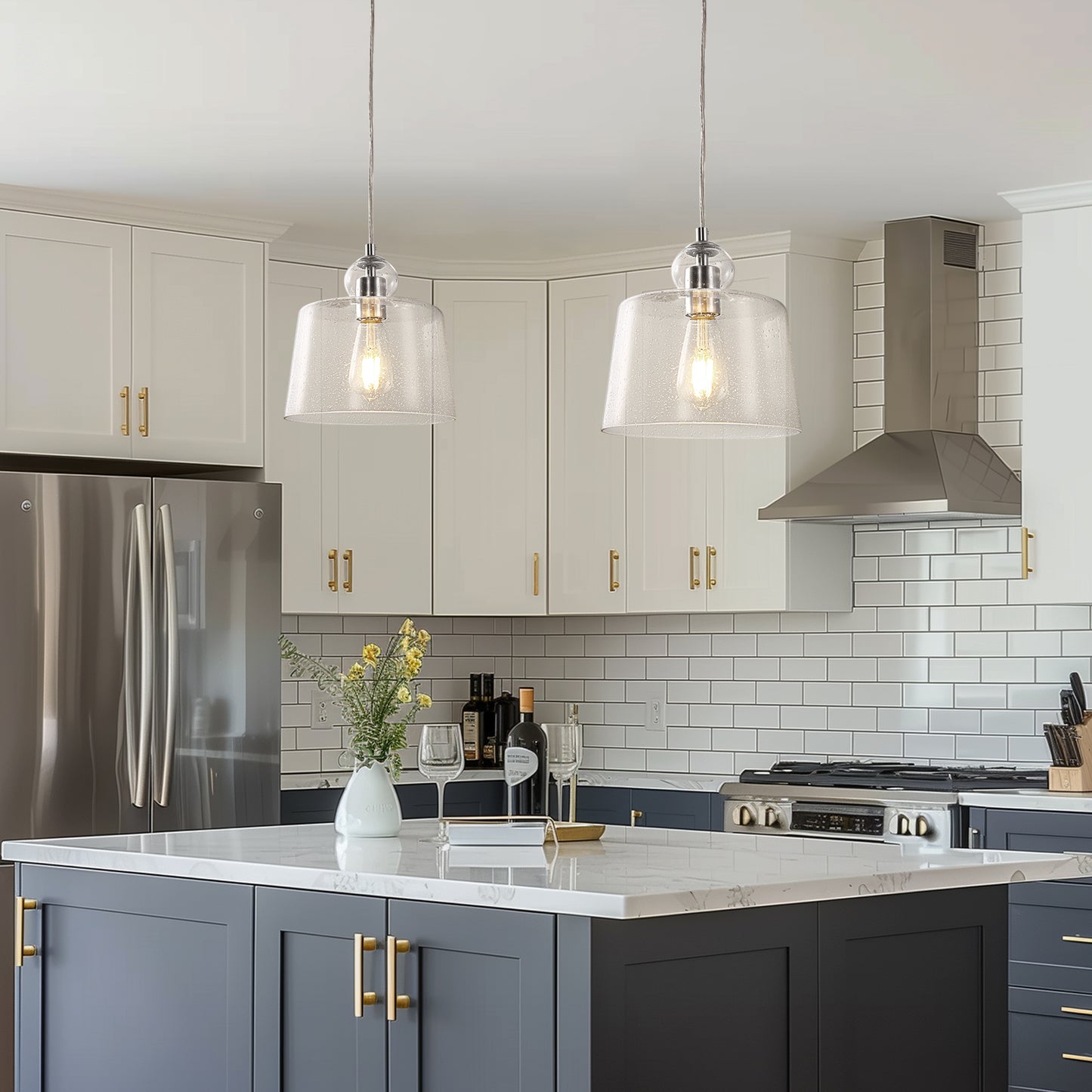 1-Light Brushed Nickel Pendant Light with Seeded Glass for Dining Rooms, Kitchen Islands, and Entryways