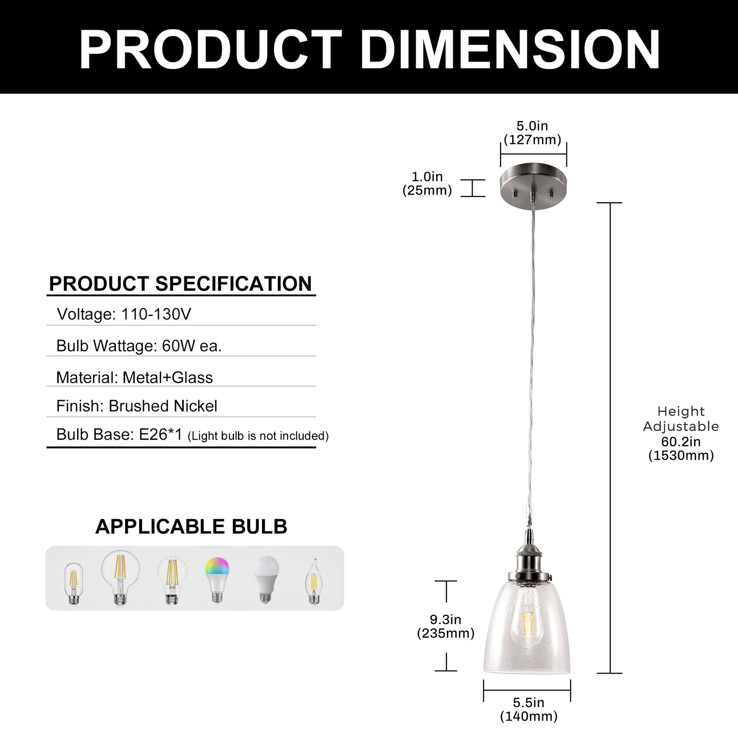 6 in.1-Light Brushed Nickel Industrial Glass Pendant Light, Hanging Ceiling Fixture for Kitchen, Bar, and Dining Room