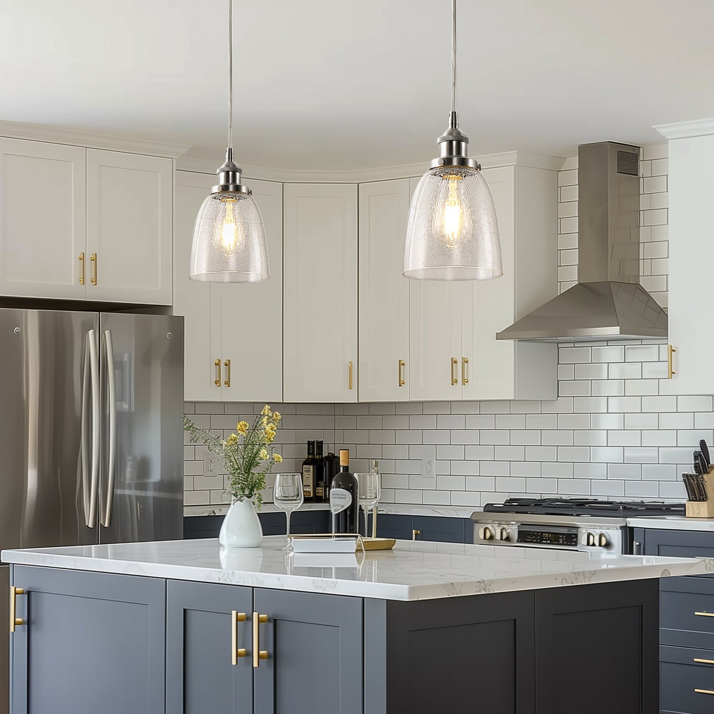 6 in.1-Light Brushed Nickel Industrial Glass Pendant Light, Hanging Ceiling Fixture for Kitchen, Bar, and Dining Room