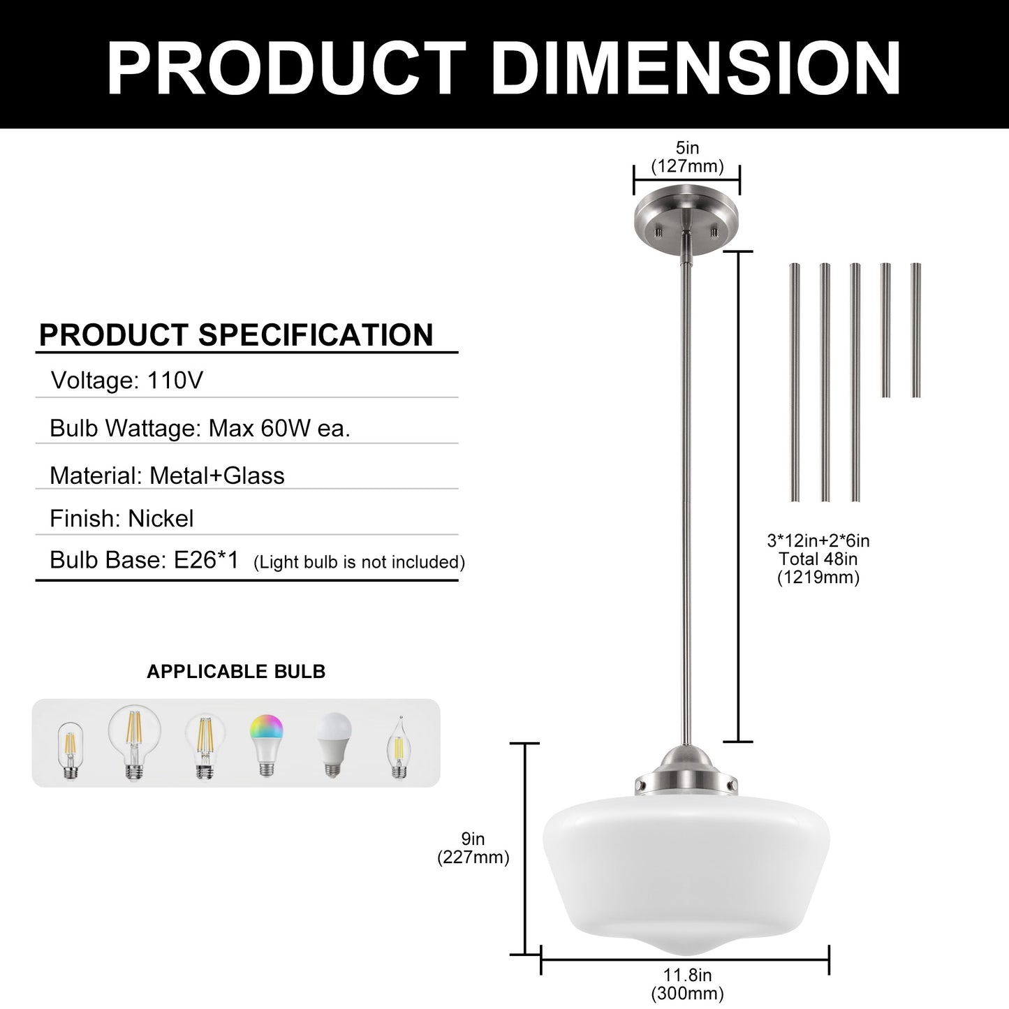 Farmhouse 1-Light Brushed Nickel Pendant Light with Milk White Frosted Glass Shade for Kitchen, Hallway, and Entryway