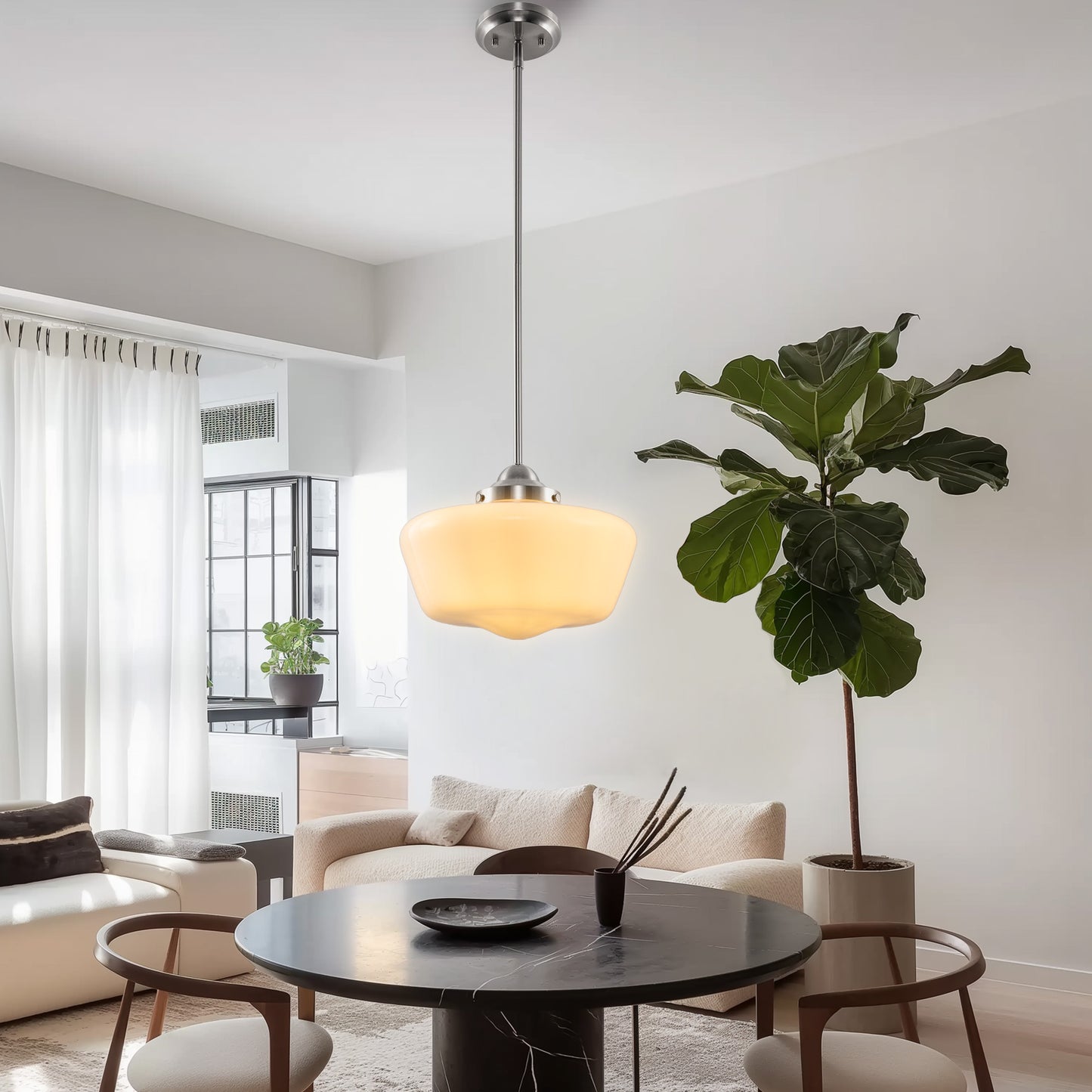 Farmhouse 1-Light Brushed Nickel Pendant Light with Milk White Frosted Glass Shade for Kitchen, Hallway, and Entryway