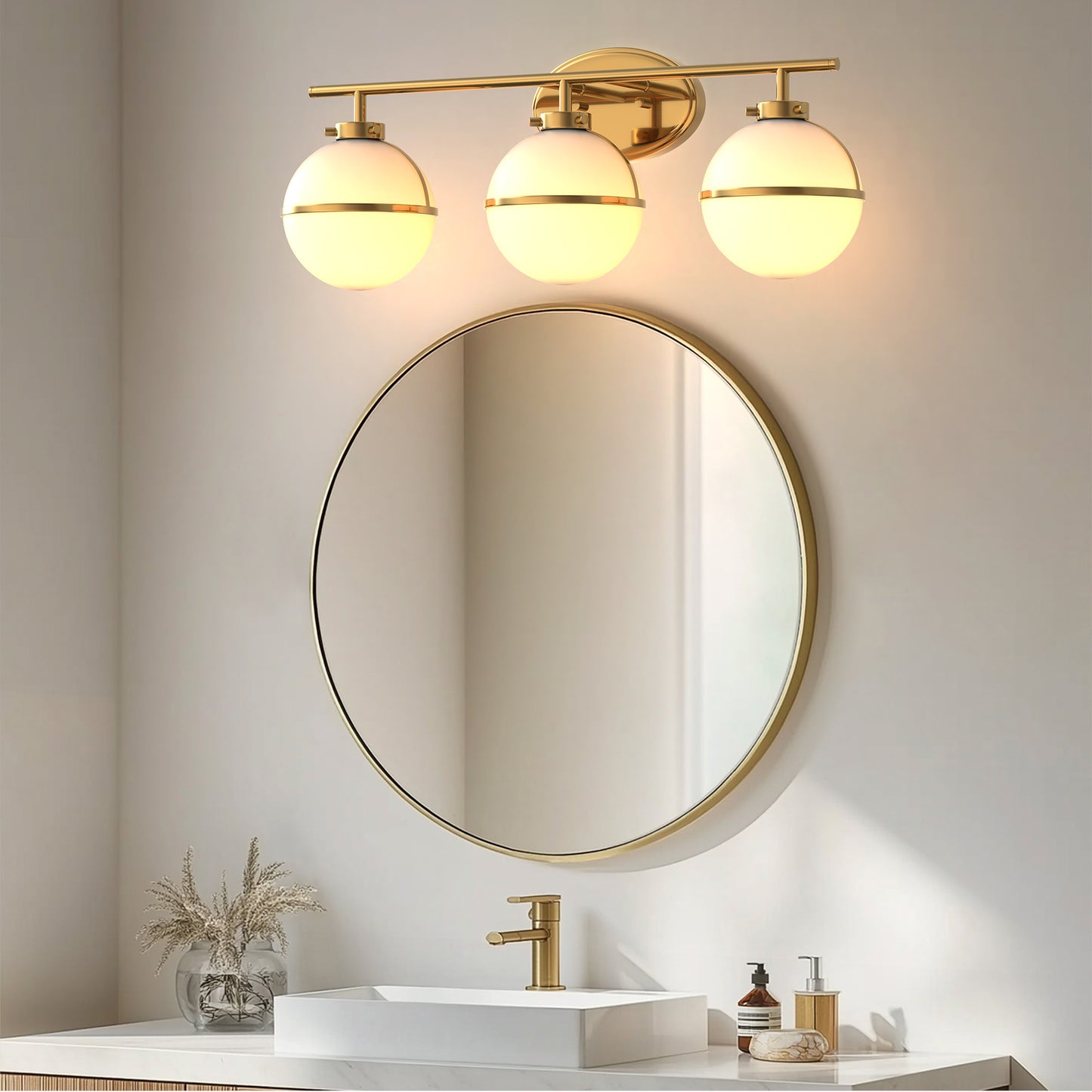 24 in. Modern 3-Light Bathroom Vanity Light with Farmhouse Heritage Brass Globe Shade